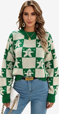 KoJooin Sweater 'Damen Weihnachtspullover mit Rentier- und Karomuster – Gemütlicher Langarm-Pullover mit Puffärmeln' in Green: front