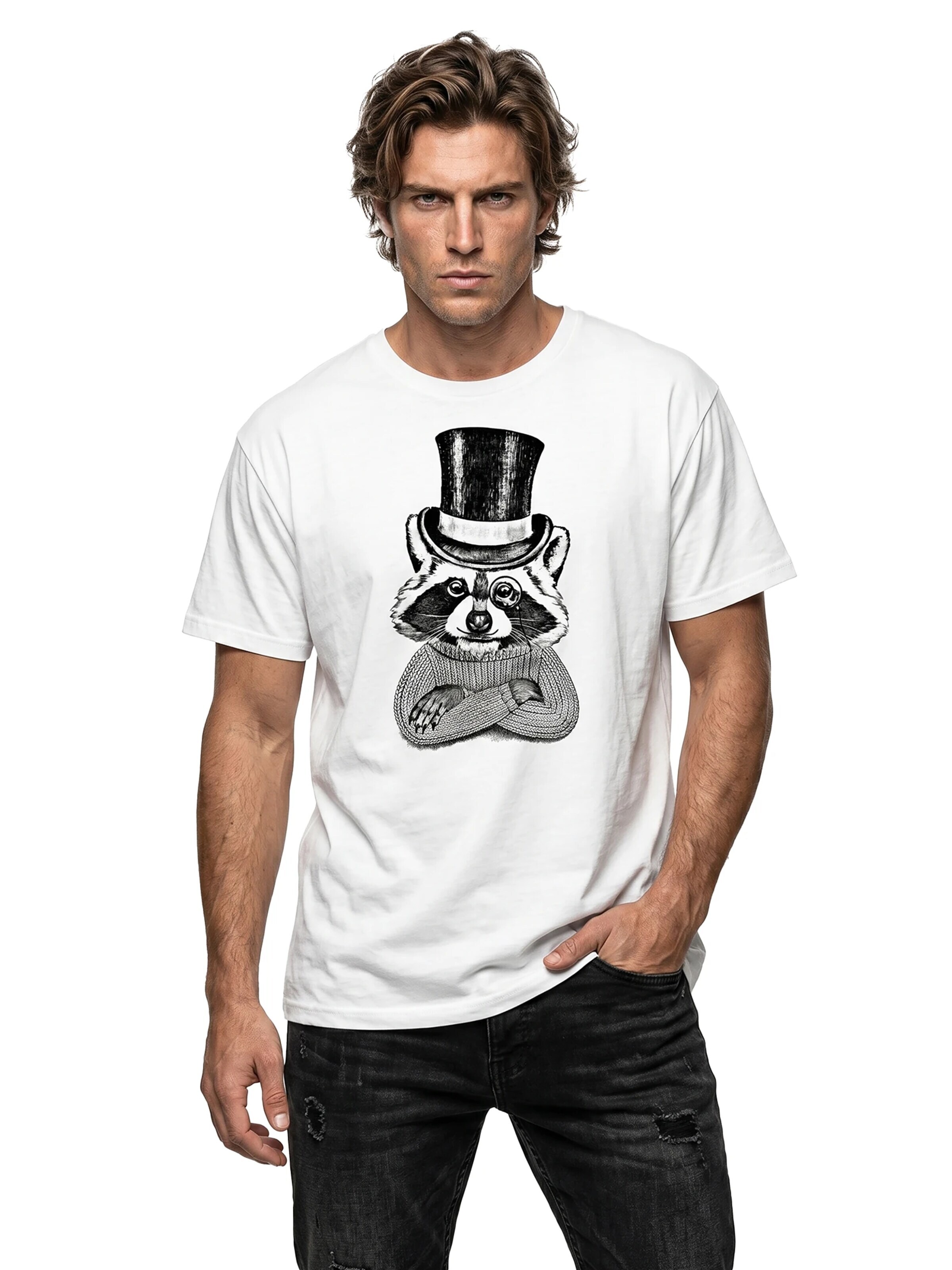 MAKAYA Shirt 'Waschbär Hut' in White