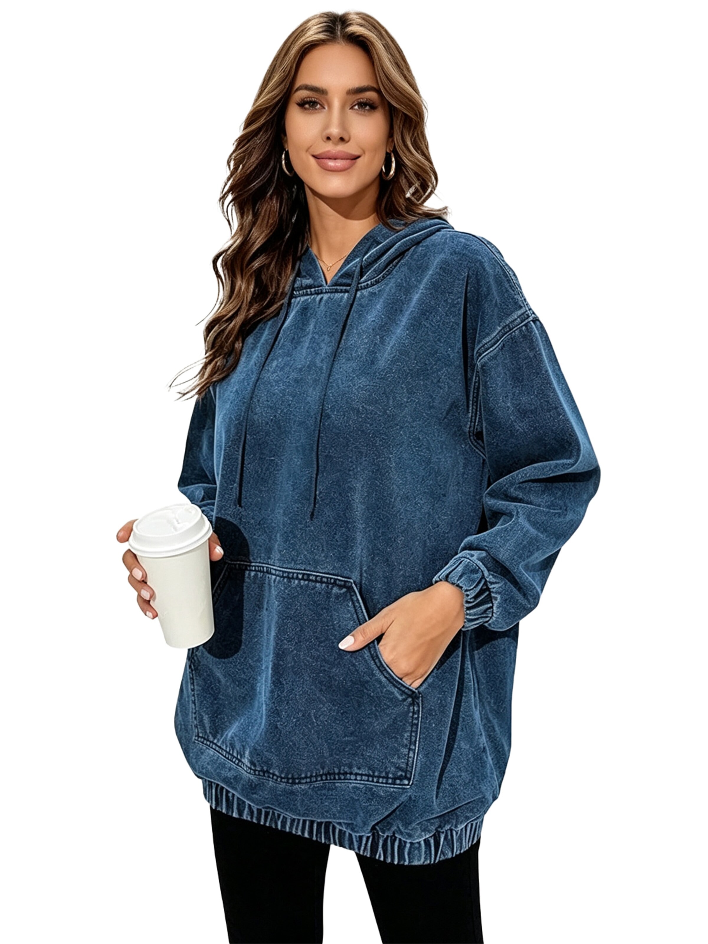 KoJooin Bluzka sportowa 'Damen Denim Hoodie Langärmeliger Pullover mit Kapuze und Taschen Jeansjacke in Sweatshirt-Optik' w kolorze niebieski