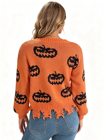 KoJooin Pullover 'Damen V-Ausschnitt Pullover mit Halloween-Kürbis-Motiv Farbkontrast,gestrickter Langarm-Pullover'‌‌‌‌‌‌‌‌‌ in Orange