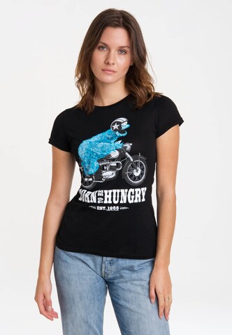 LOGOSHIRT Shirt 'Sesamstraße - Krümelmonster Motorrad' in Black: front