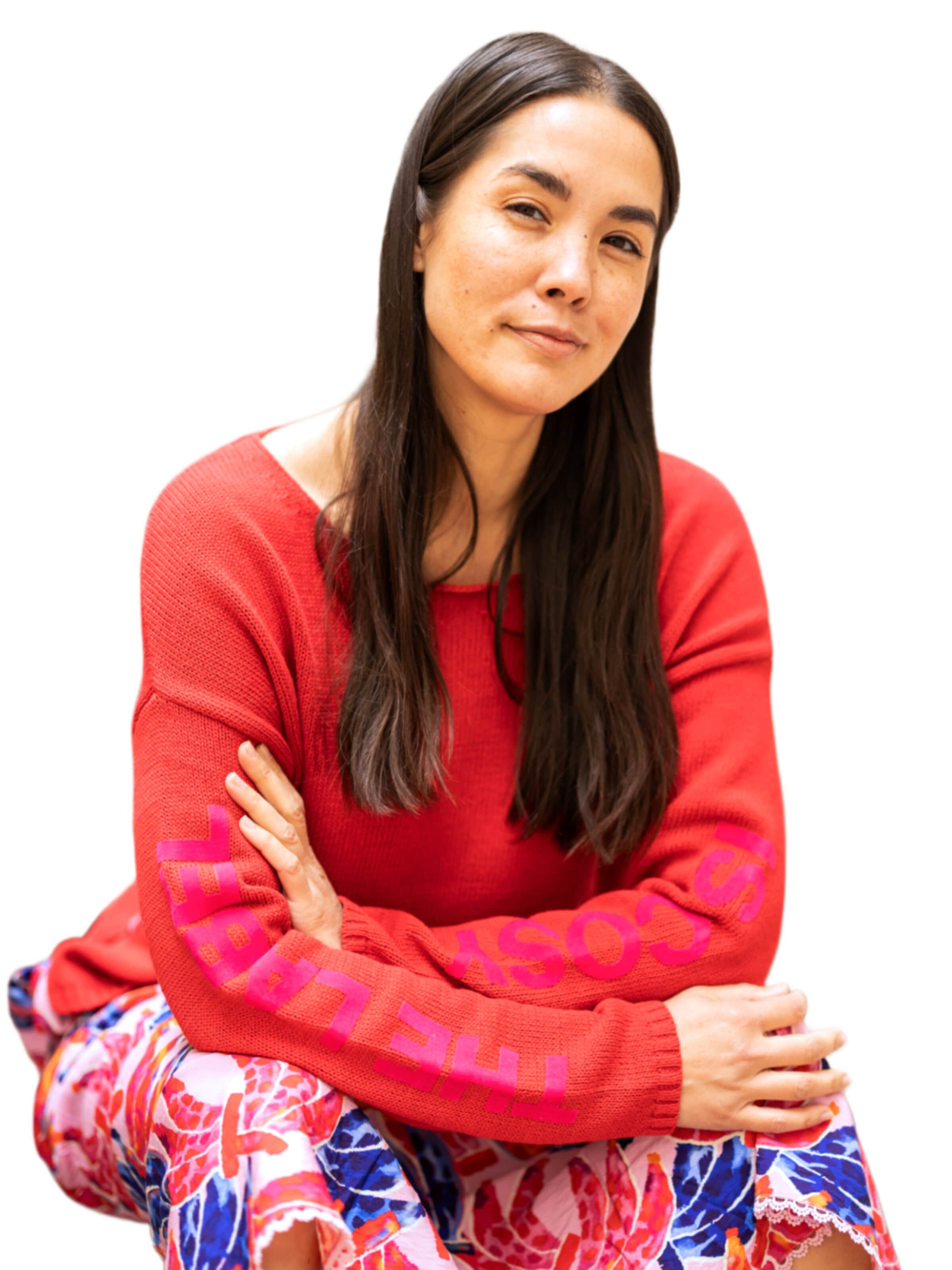 Pull-over 'Strickpullover Baumwolle Leinen mit Flockprint - BrittaC' LIKS. Munich en rose : devant