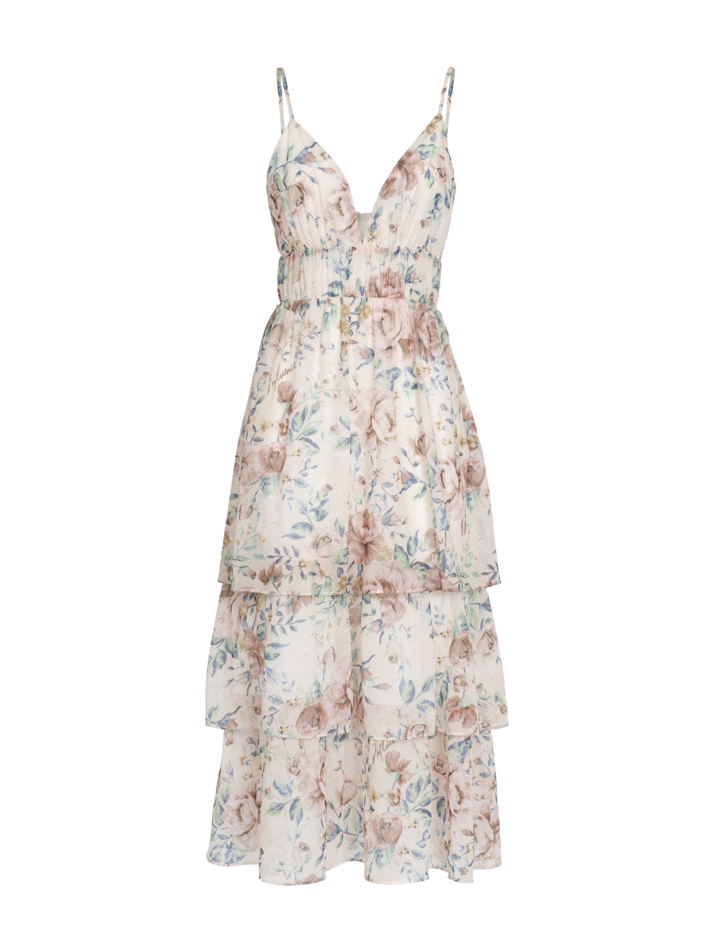 Influencer Robe d’été 'Vintage' en beige / crème / bleu / marron / gris / sapin, Vue avec produit