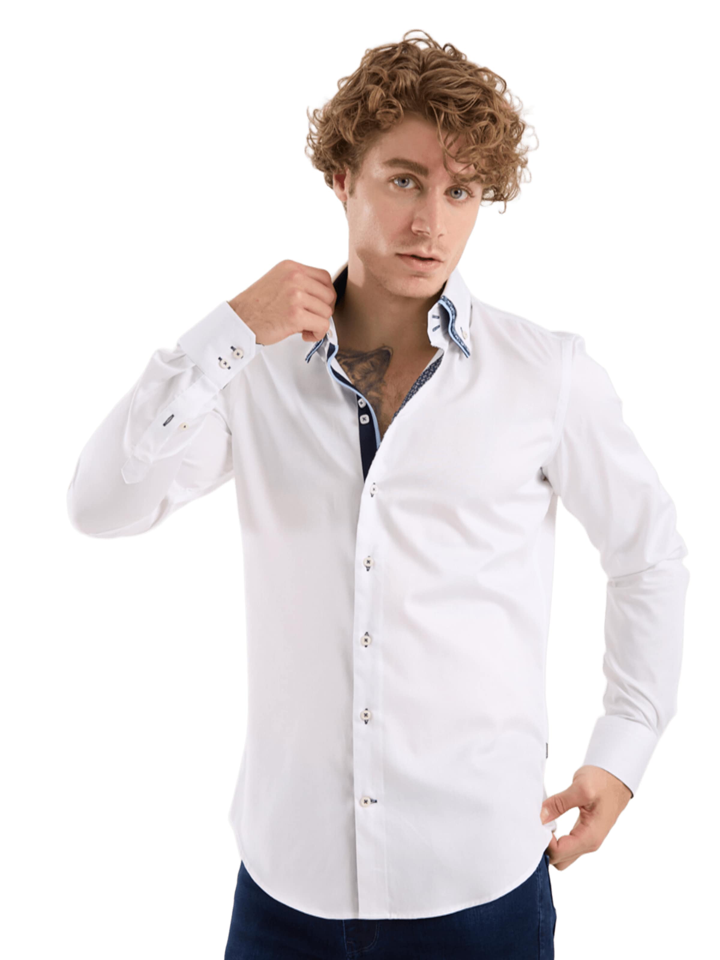 7Camicie Slim fit Zakelijk overhemd 'Vesuvio Iconic Satin Man Shirt Light Blue' in Wit: voorkant