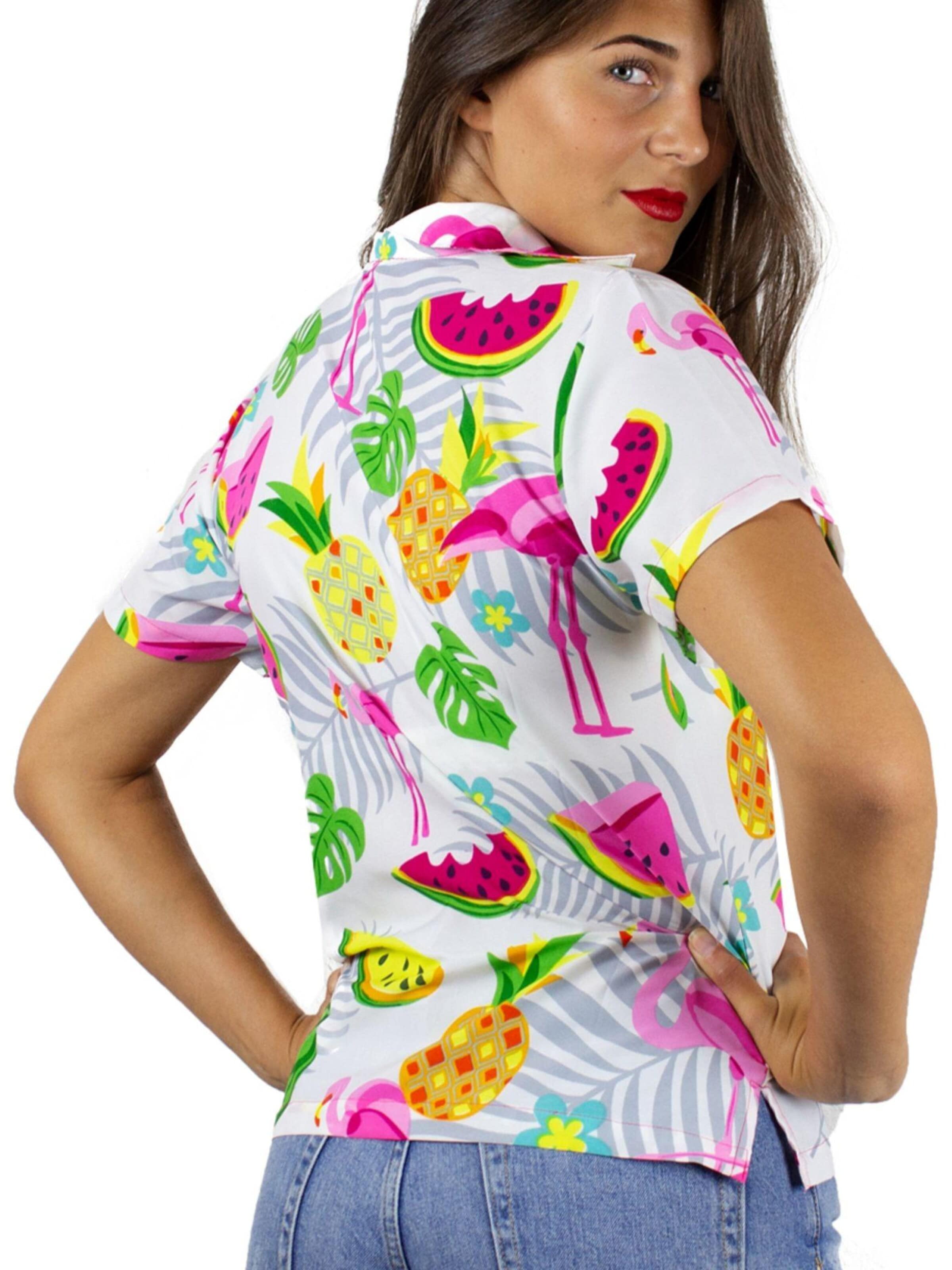 Camicia da donna 'Flamingo Melone' di King Kameha in bianco