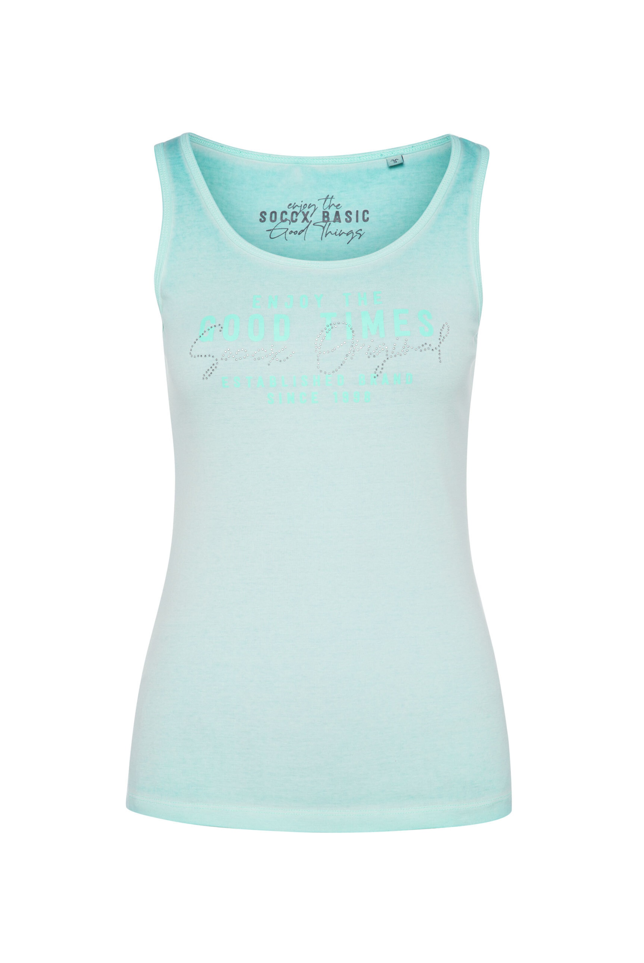 Soccx Basic Ripptop mit Print und Schmucksteinen in Blau: Vorderseite