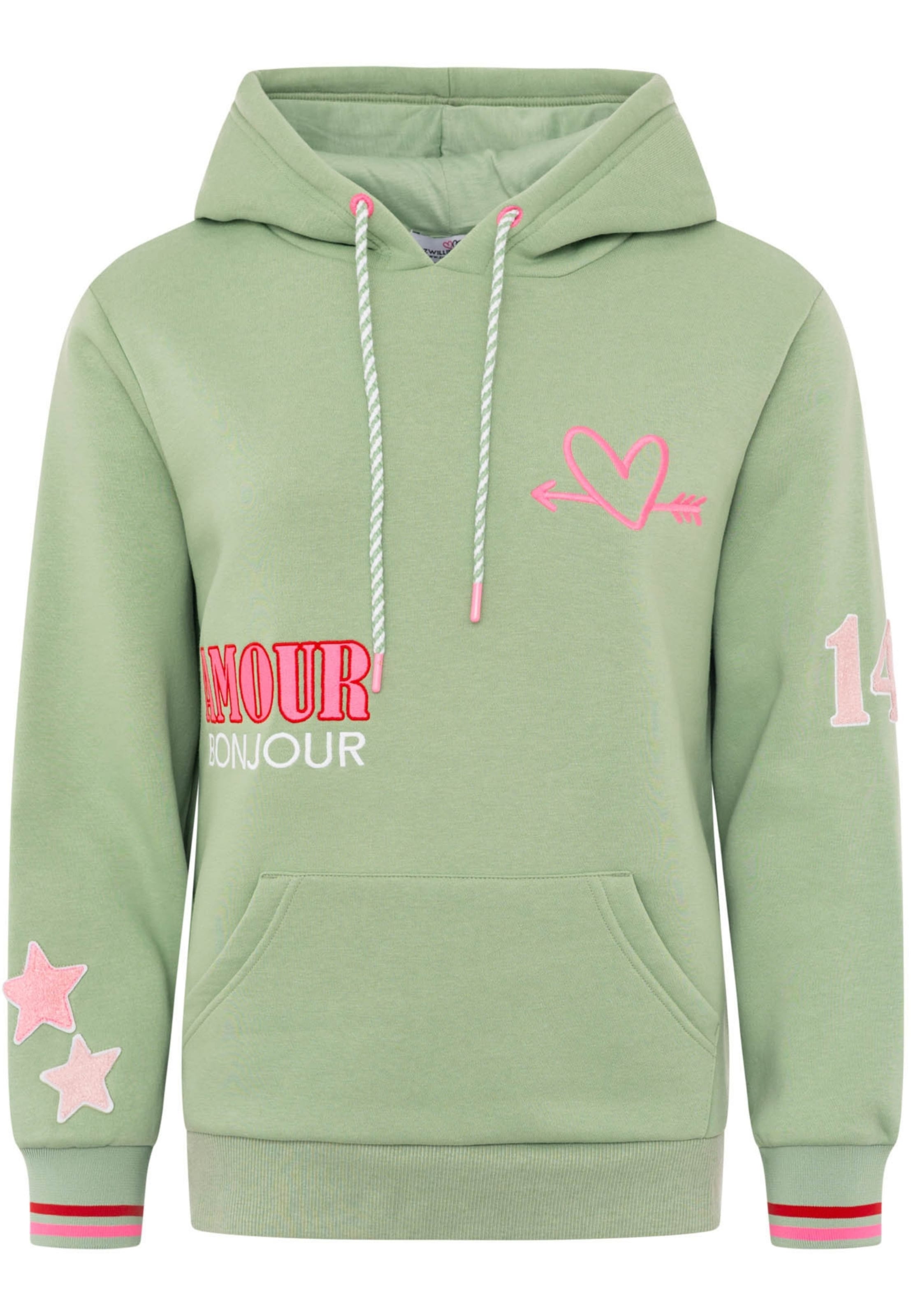 Zwillingsherz Kapuzensweatshirt Hoodie Bonjour ZH in Grün: Vorderseite