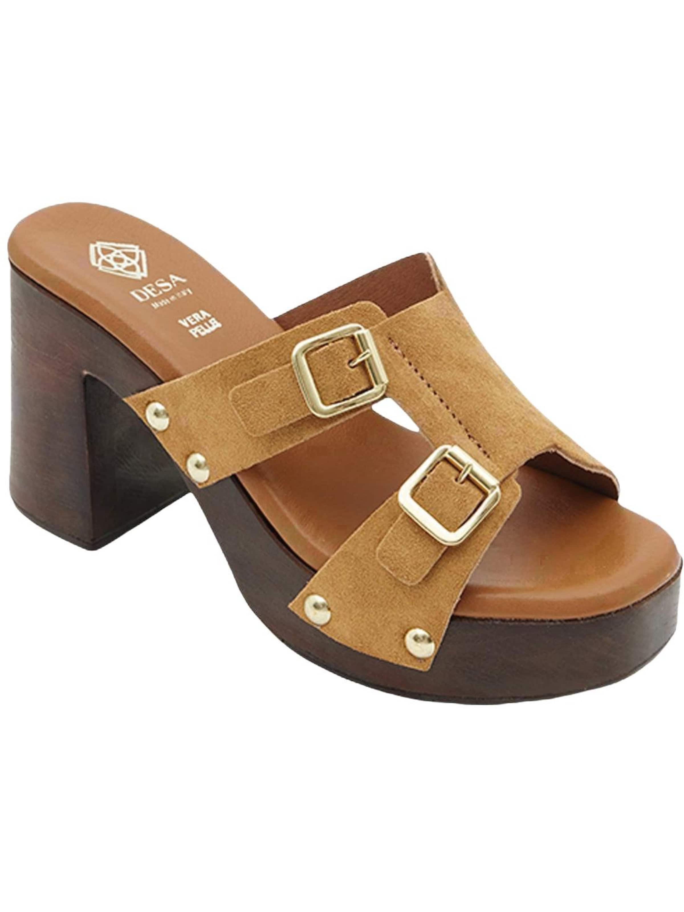 Desa - Zapatillas de casa 'DESA Damen-Plateausandalen aus Wildleder mit Doppelschnalle' en marrón