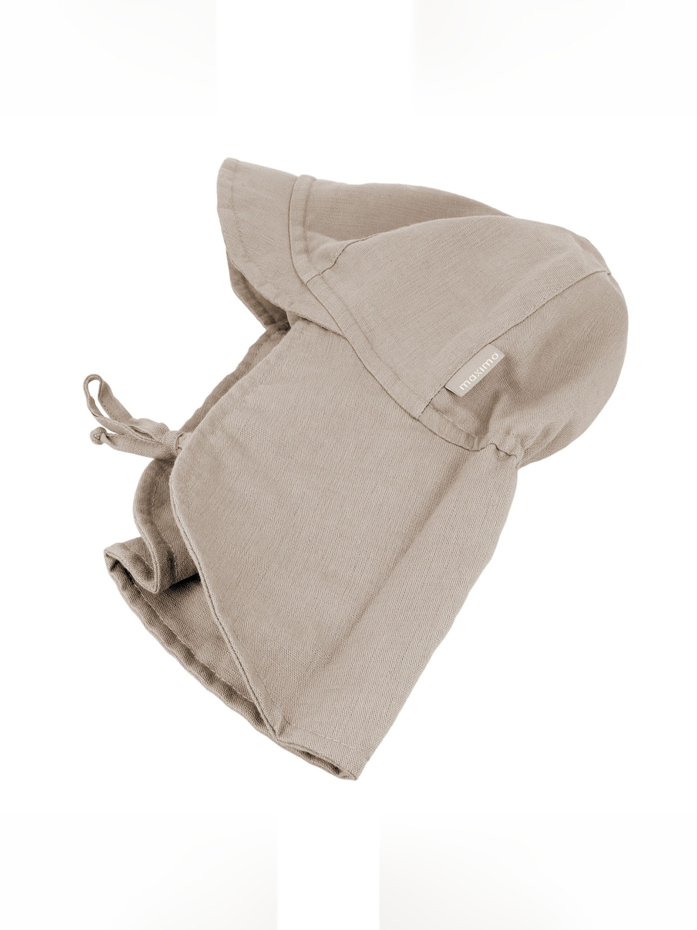 MAXIMO Beanie 'GOTS MINI-Nackenschutzmütze uni, Leinenoptik, Bindeband, Futter' in Beige