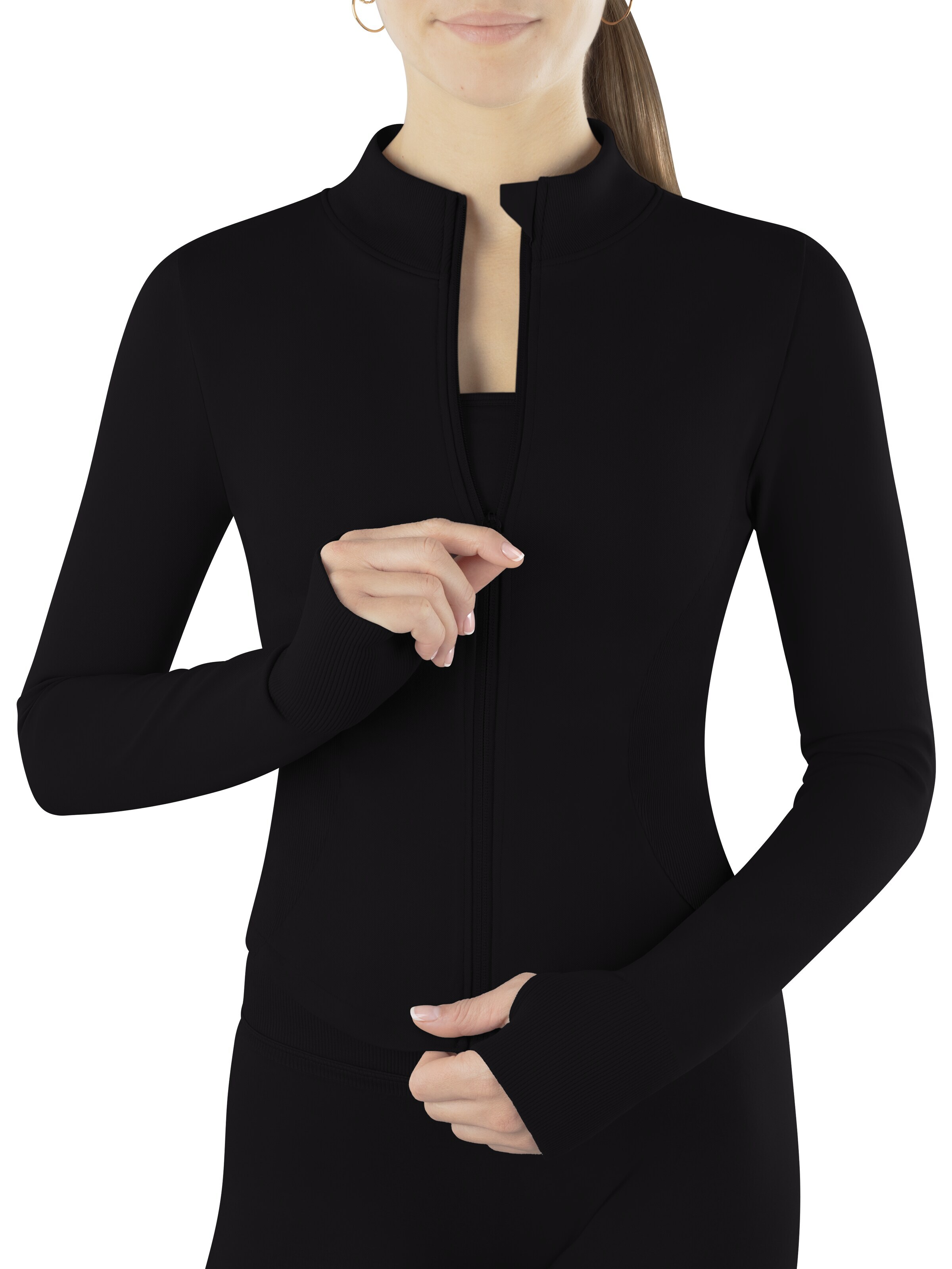 Circle Five Sports Suit 'Scrunch Shape Trainings-Set (Push-Up Shorts, Zipper Shaping Jacke und Medium Support Sport-BH)' in Black: front