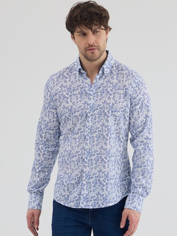 7Camicie Slim fit Zakelijk overhemd 'Leonardo Sport Linen Man Shirt White Blue' in Wit