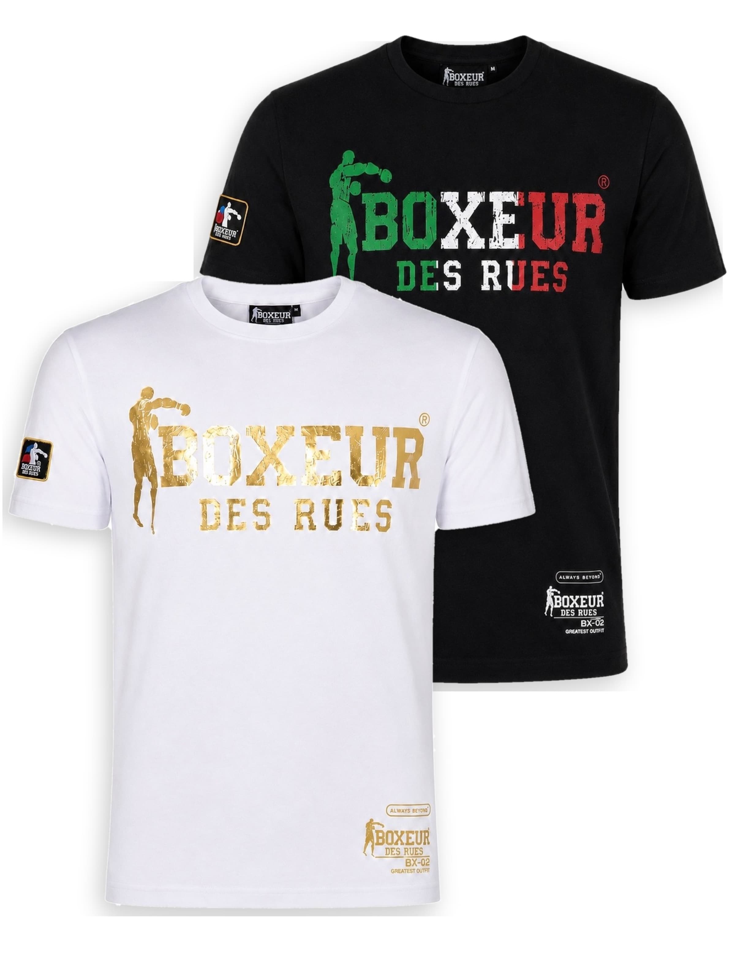 Boxeur des Rues - Camiseta 'Herren T-Shirt 2er-Pack Boxeur des Rues Slim Fit: Weiß, Goldenes Logo + Schwarz, Dreifarbiges Logo' en Mezcla de colores: frente