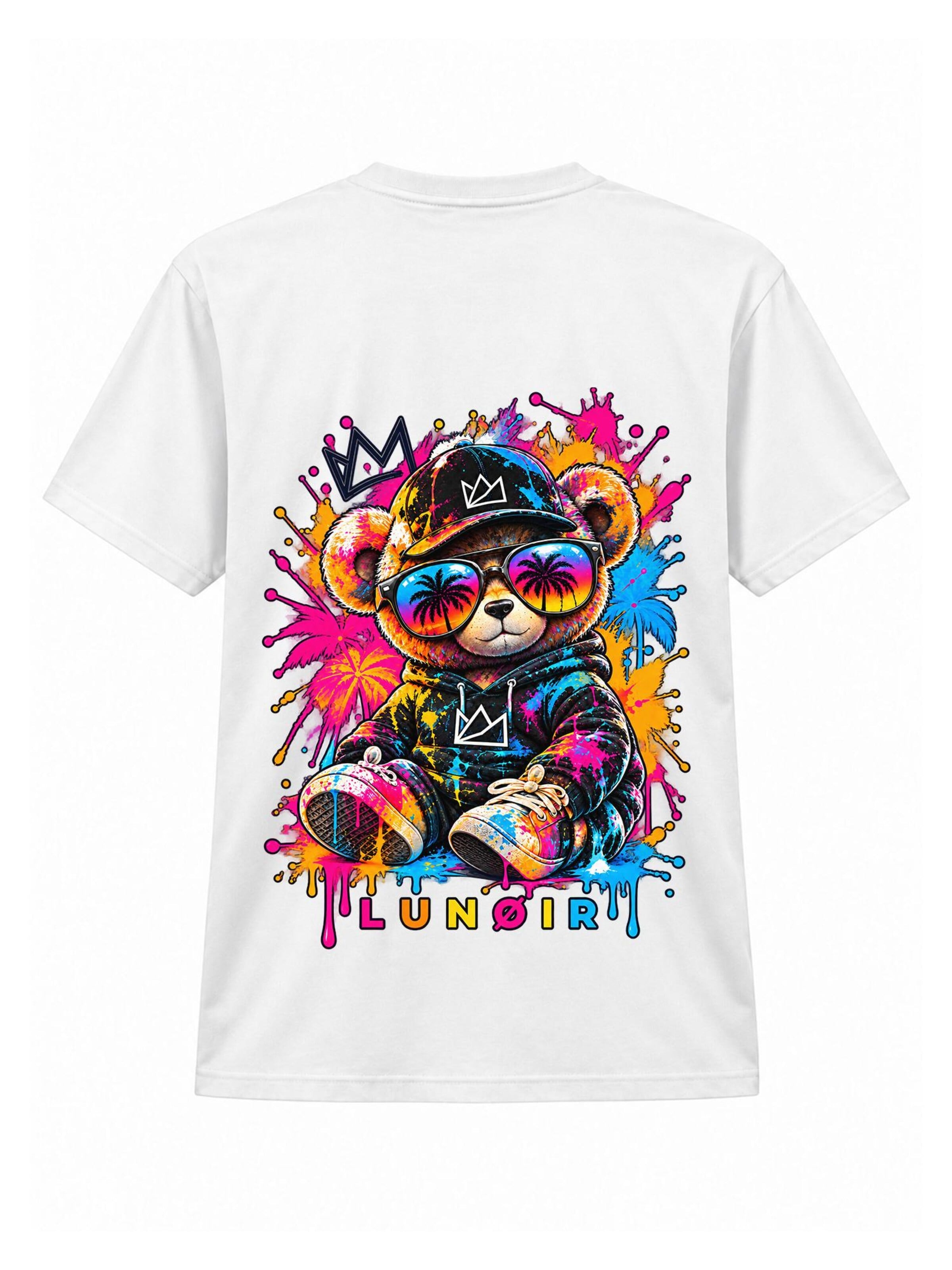 LUNØIR Studio Póló 'Tropical Riot – Sunset Teddy' - fehér: elől