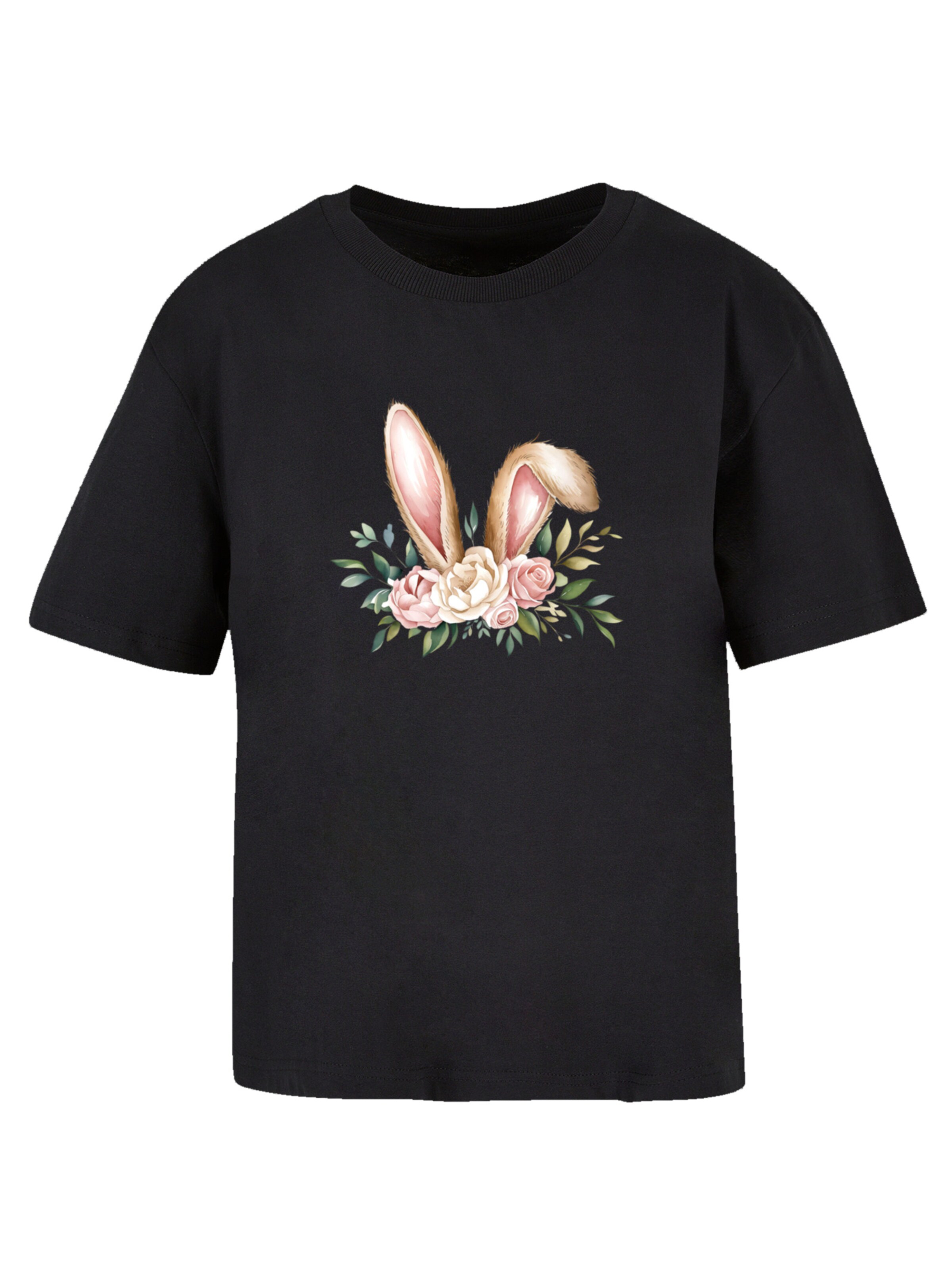 F4NT4STIC Shirt 'Blumen Osterhasen Ohren Dekor' in Black: front