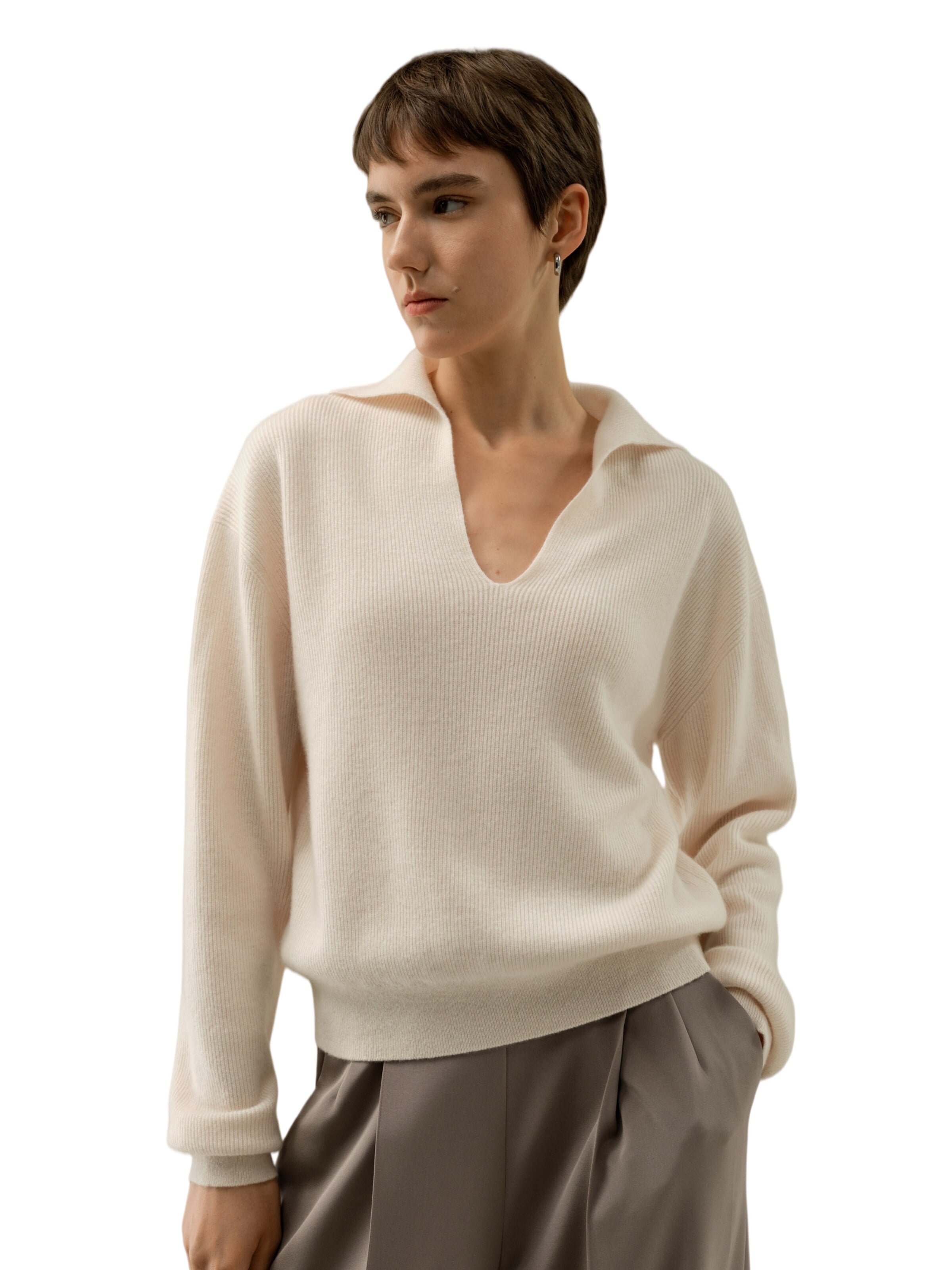 Lilysilk Pullover 'Gerippter Kaschmir Polo Pullover'‌ in Beige