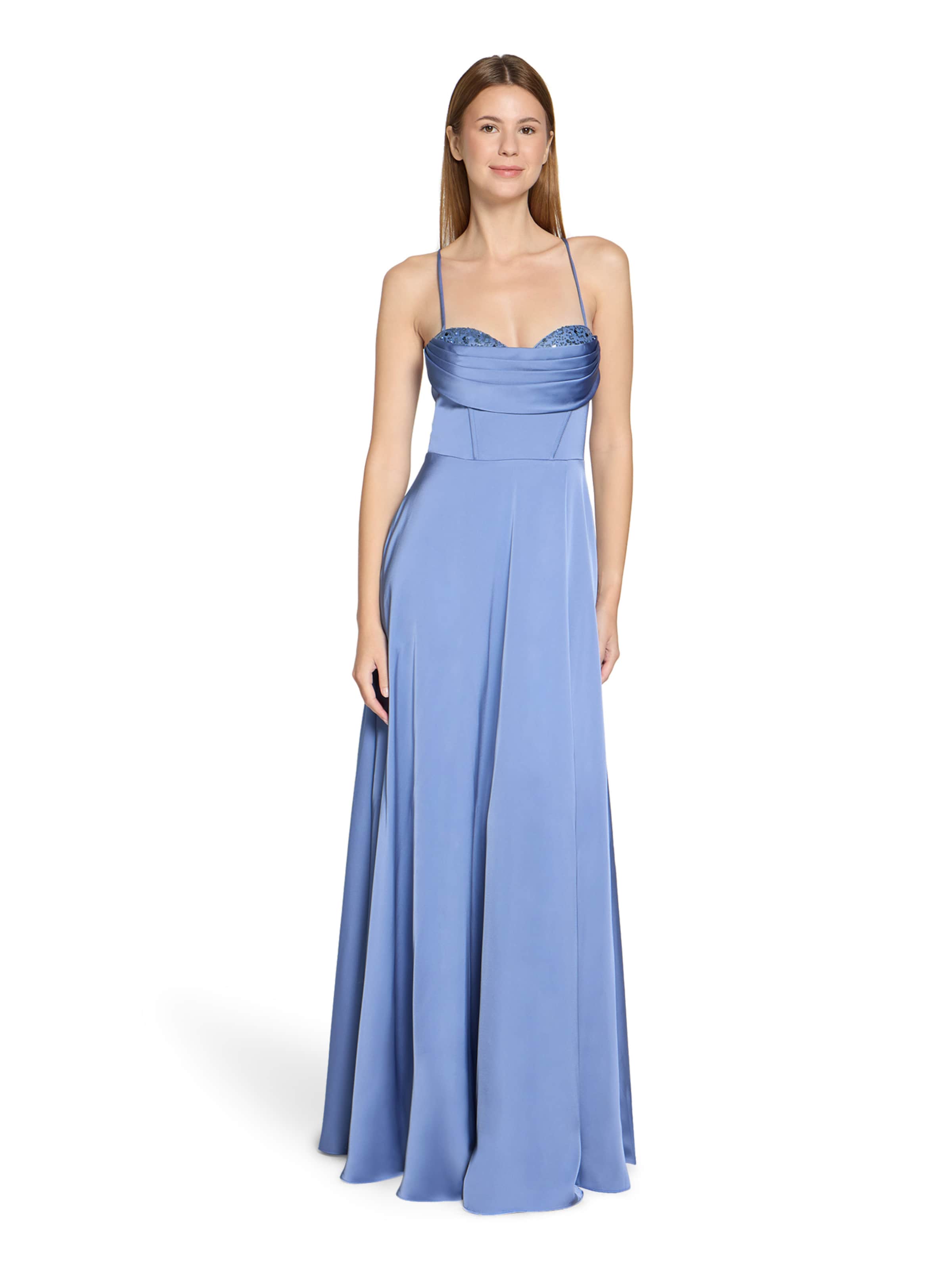 Vera Mont Abendkleid mit Wasserfallausschnitt in Blau: Vorderseite