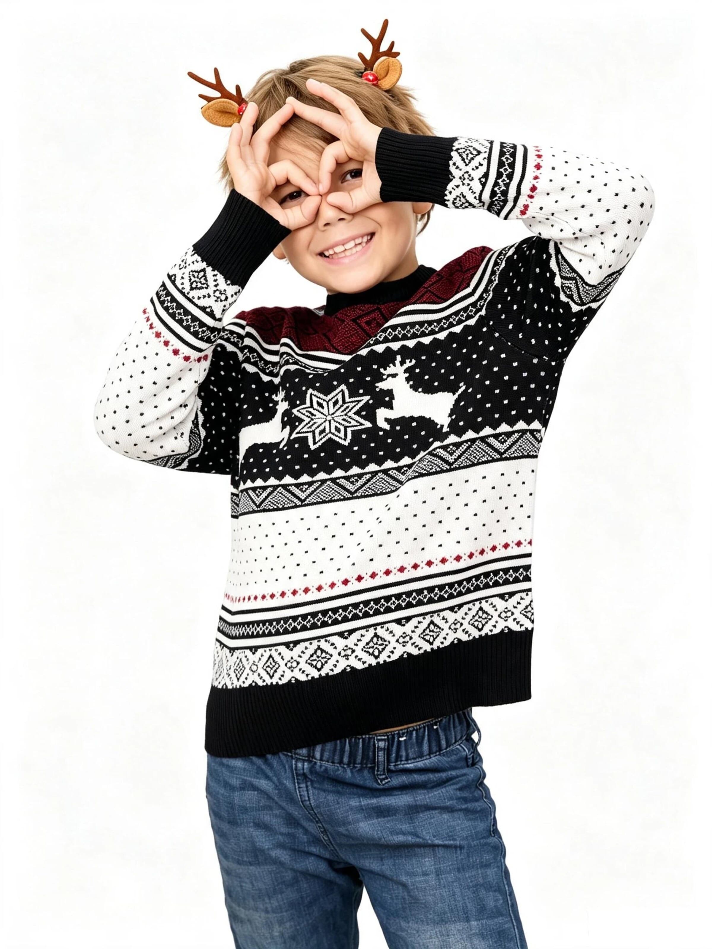 KoJooin Sweater 'Jungen Pullover Weihnachtsmotiv Rentier Schneeflocke Rundhals Langarm Freizeit Strickoberteil' in Black: front