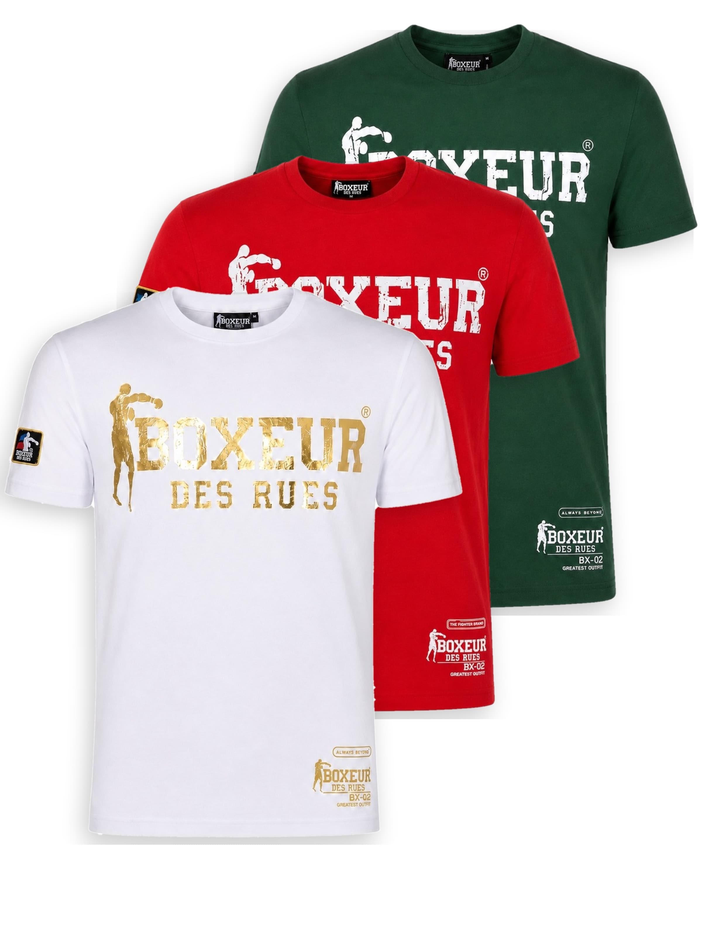 T-Shirt 'Herren T-Shirt 3er-Pack Boxeur des Rues Slim Fit: Weiß, Goldenes Logo + Rot, Weißes Logo + Dunkelgrün, Weißes Logo' Boxeur des Rues en multicouleur : devant