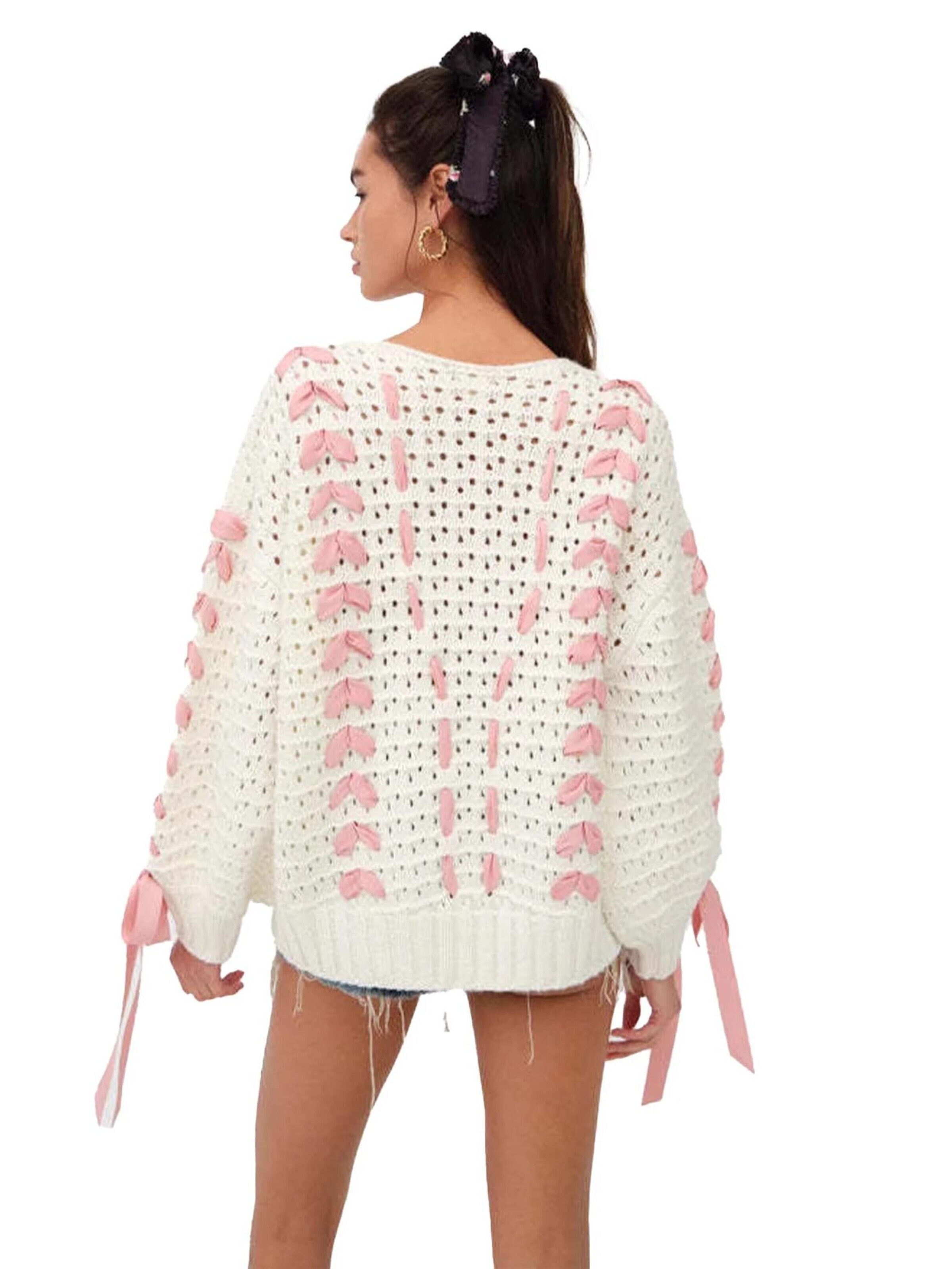 KoJooin Sticktop 'Damen Rundhalspullover mit Schleifenbindung Strickpullover für lässige Alltags-und Freizeitoutfits'‌‌‌‌‌‌‌‌‌ in Weiß