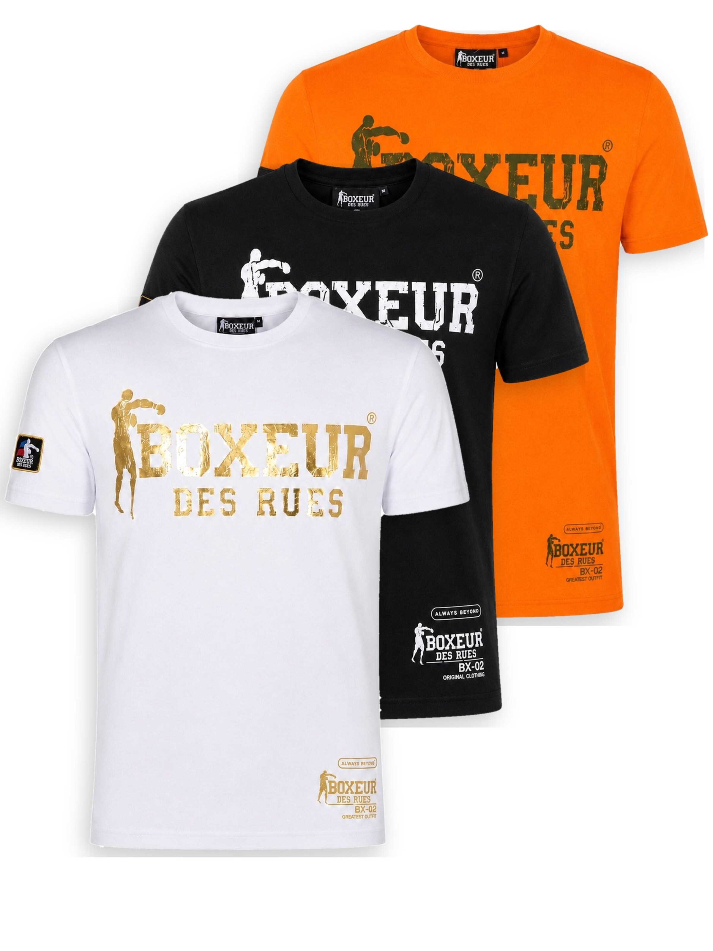 T-Shirt 'Herren T-Shirt 3er-Pack Boxeur des Rues Slim Fit: Weiß, Goldenes Logo + Schwarz, Weißes Logo + Intensives Orange' Boxeur des Rues en multicouleur : devant