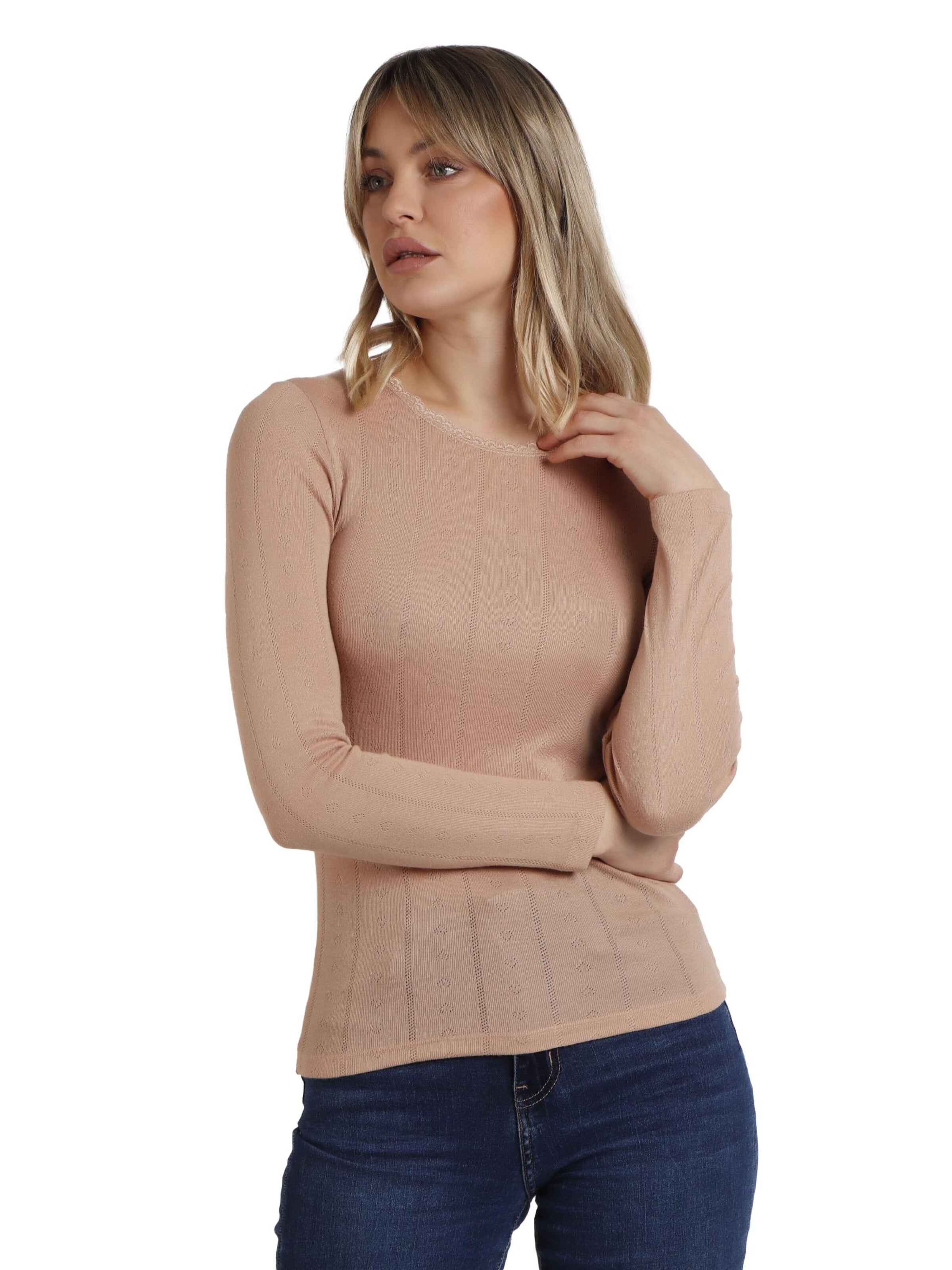 admas - Top 'ADMAS Camiseta Manga Larga Canalé para Mujer' en beige: frente