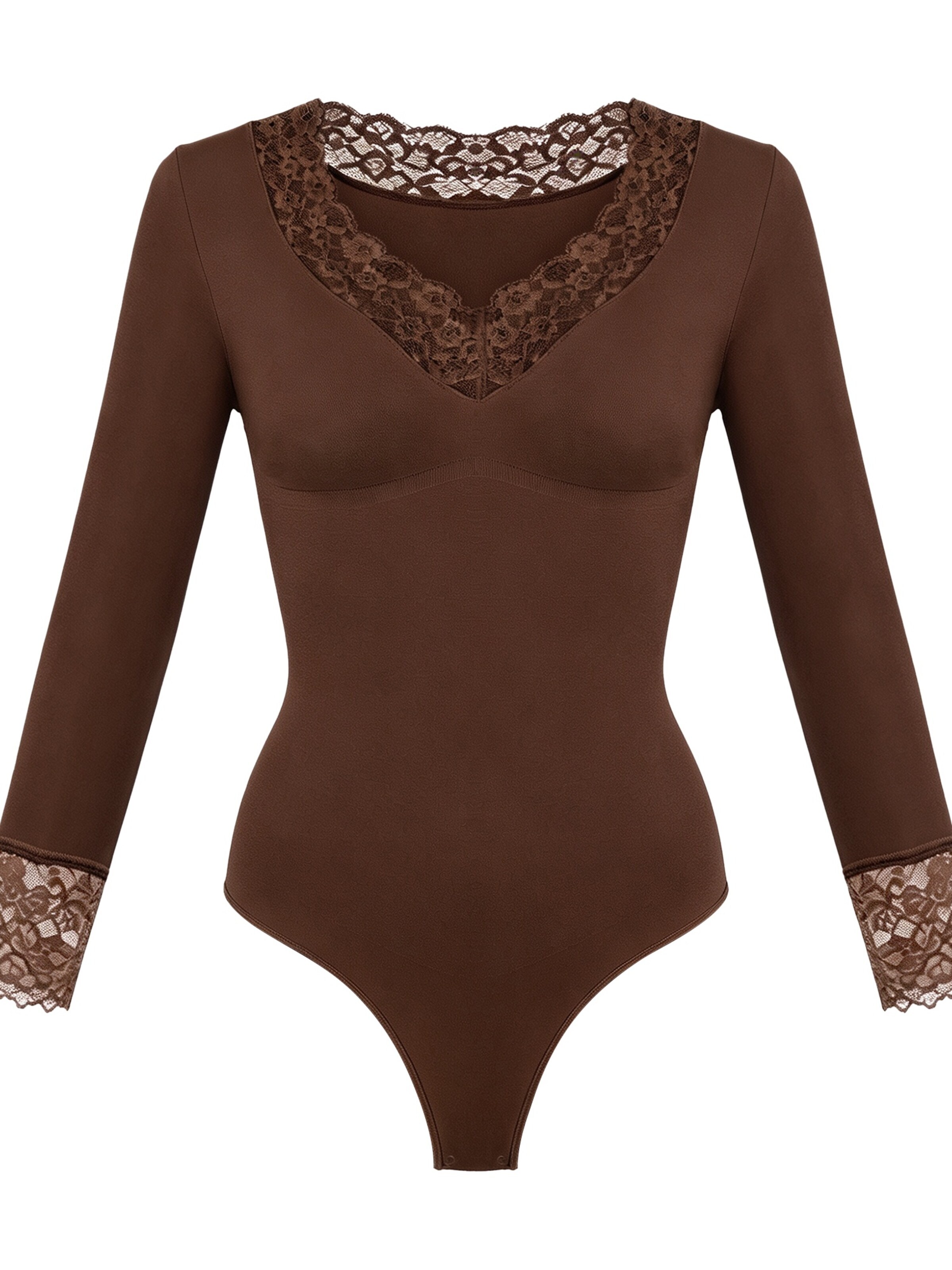 cfab Shaping bodysuit 'Clean Longsleeve V-Neck with Lace Sculpting Bodysuit with String' in XS in Brown, Item view
