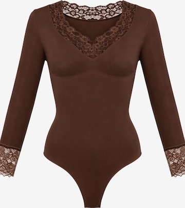 cfab - Body moldeador 'Clean Longsleeve V-Neck with Lace Sculpting Bodysuit with String' en marrón: frente