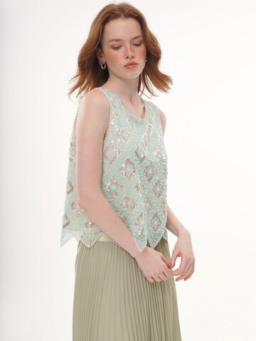 yoligex Top 'Mint Green Geometric Floral Beaded Sequin Mesh Sleeveless Top, Round Neck Irregular Pointed Hem Sheer Vest' w kolorze zielony