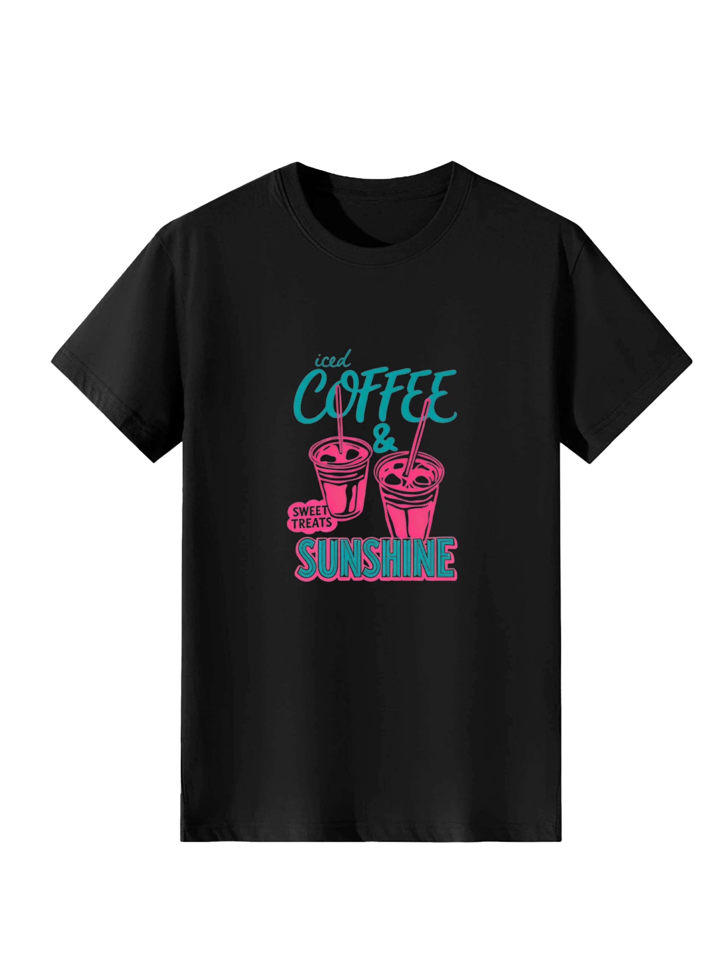 LapaPlus Shirt 'women Iced Coffee Color Contrast Letter Print T-Shirt' in Zwart: voorkant