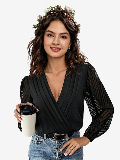KoJooin Shirt Bodysuit 'Damen-Body mit langen Ärmeln, Bluse, tiefem V-Ausschnitt, transparenten Ärmeln,Trikot-Shirt' in XL in Black, Item view
