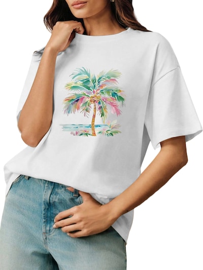 GORHEY Shirt 'Women's Oversized Summer Short-Sleeve T-Shirt with Coconut Trees Print' in S/Regular in de kleur Wit, Productweergave