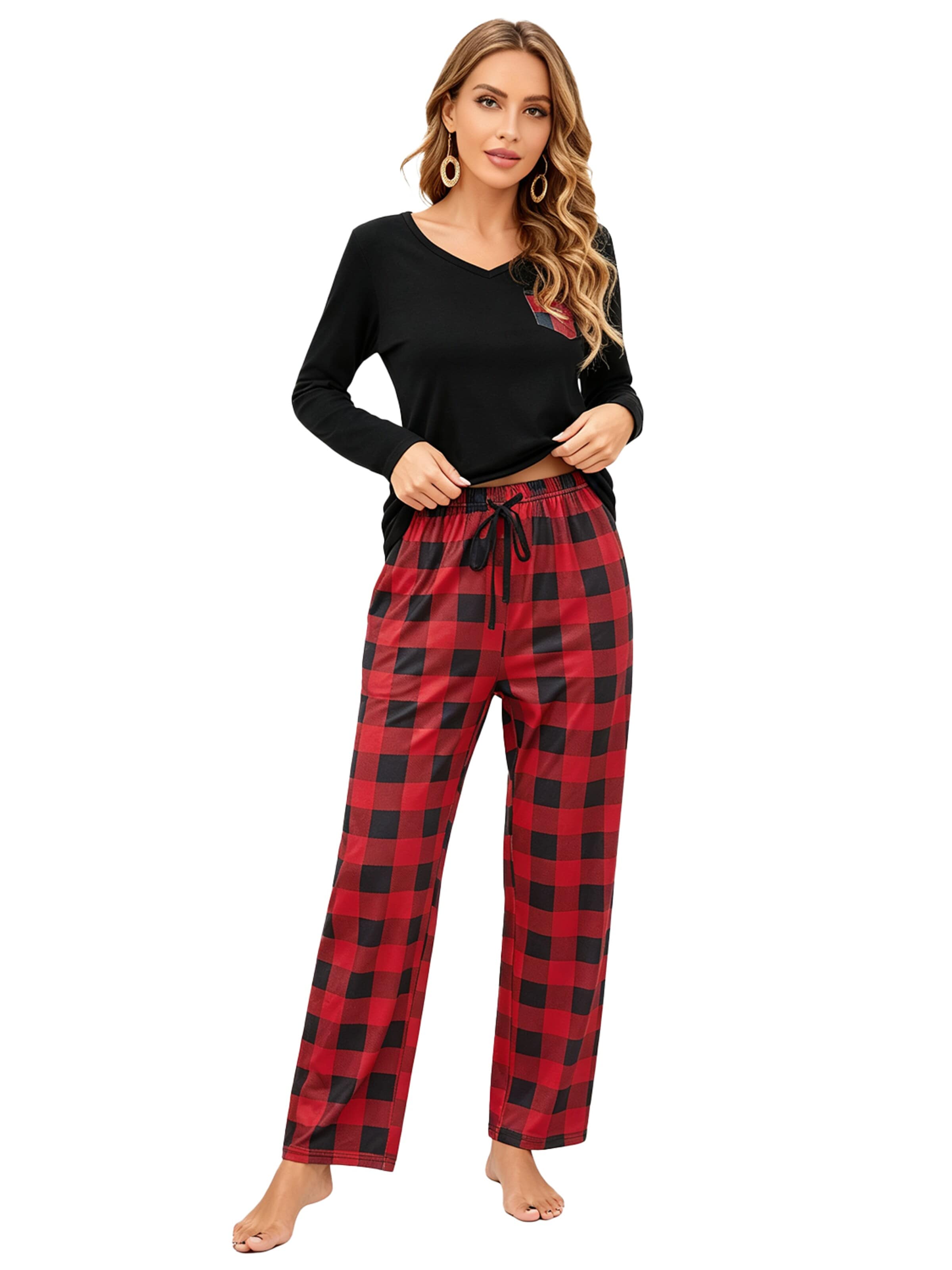 KoJooin Piżama 'Damen Weihnachts-Pyjama-Set im Karierten Design Klassische,Langärmelige Loungewear für Familiäre' w kolorze czerwony