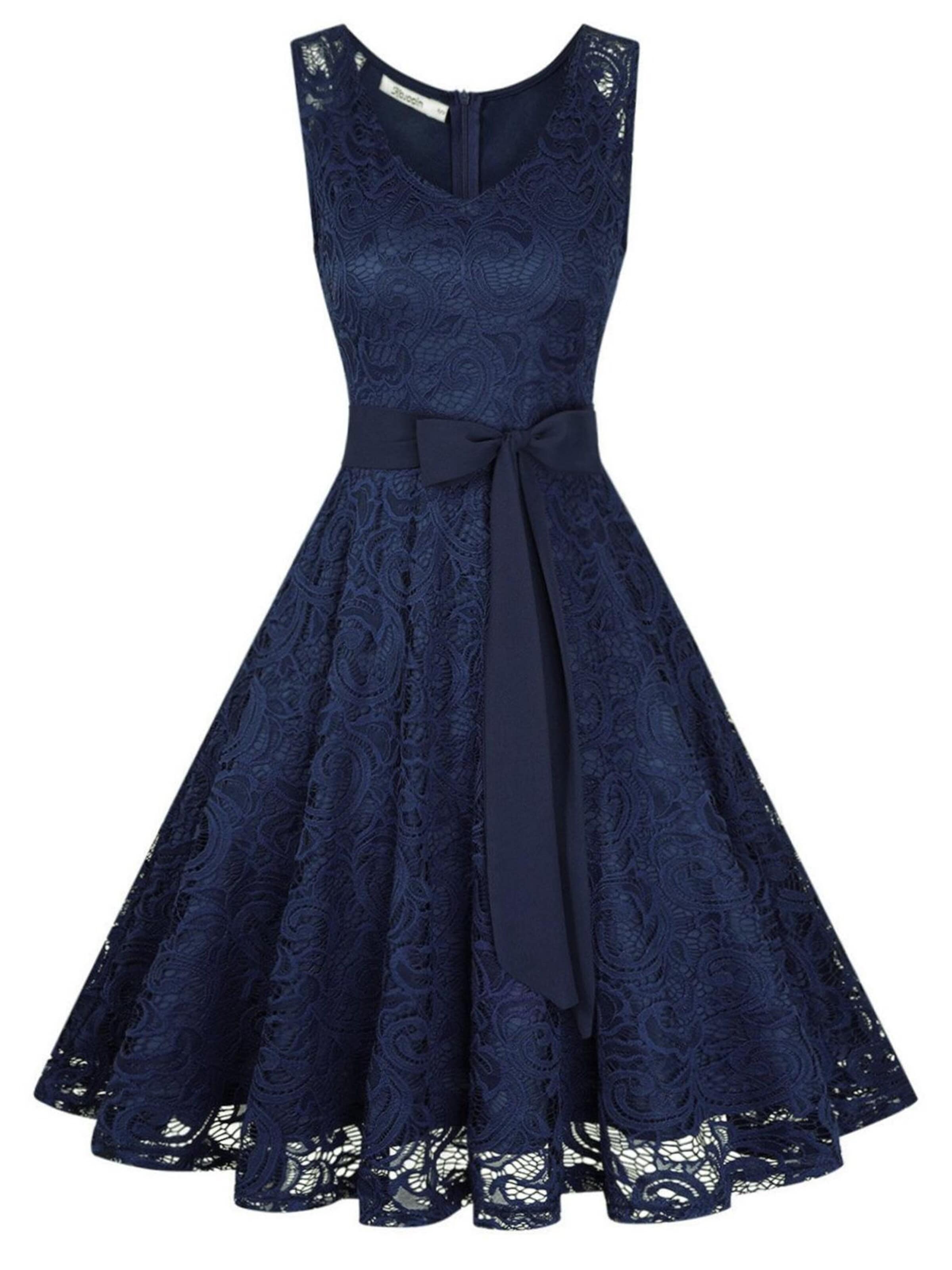 KoJooin Kleid 'Damen-Brautjungfernkleid mit floraler Spitze – Kurzes Party- & Abschlussballkleid mit V-Ausschnitt''‌‌‌ in Blau: Vorderseite