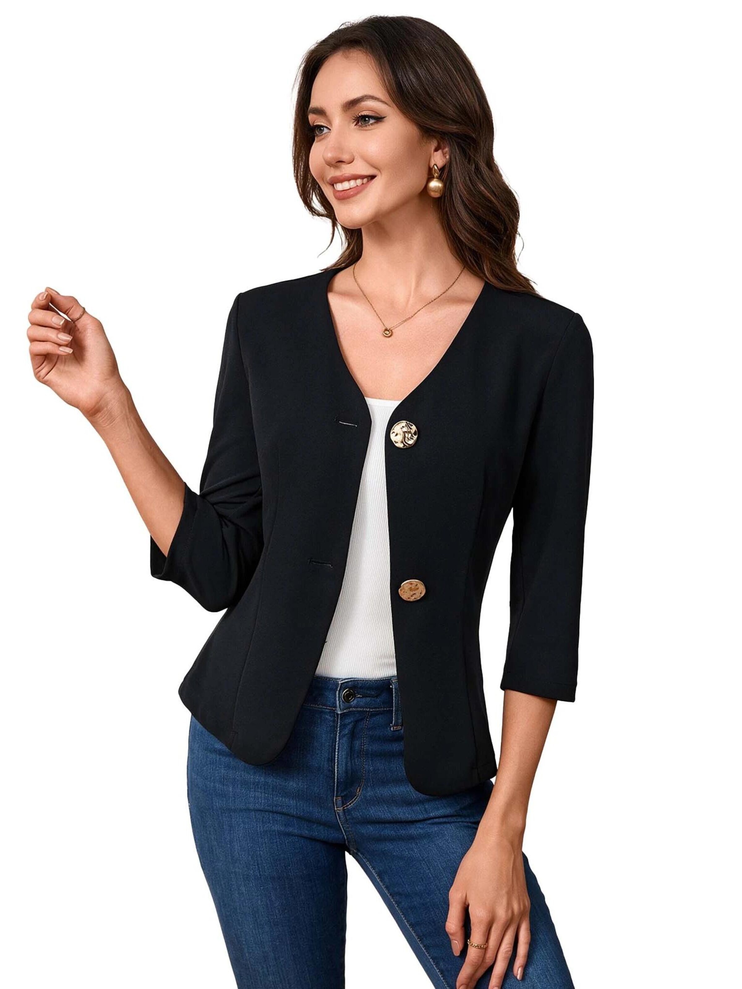 KoJooin Blazer 'Damen-Kurzblazer mit V-Ausschnitt, Metallknopf, Seitenschlitzen und 3/4-Ärmeln'‌‌‌‌‌ in Schwarz