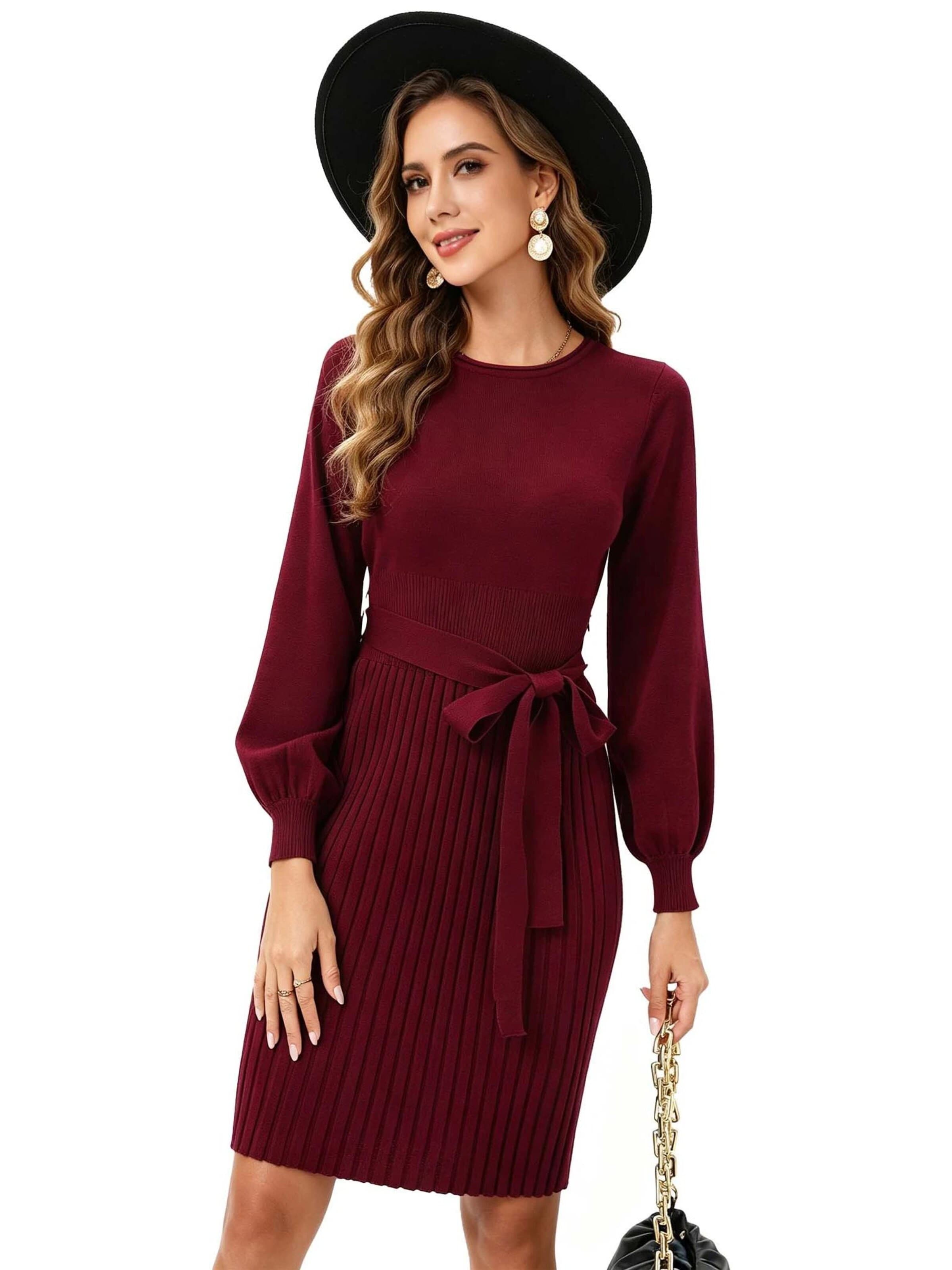 KoJooin Dress 'Damen-Strickkleid mit Rundhalsausschnitt, Bindegürtel, Plisseefalten und langen Ärmeln' in Red: front
