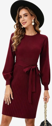 KoJooin Sukienka 'Damen-Strickkleid mit Rundhalsausschnitt, Bindegürtel, Plisseefalten und langen Ärmeln' w kolorze czerwony: przód