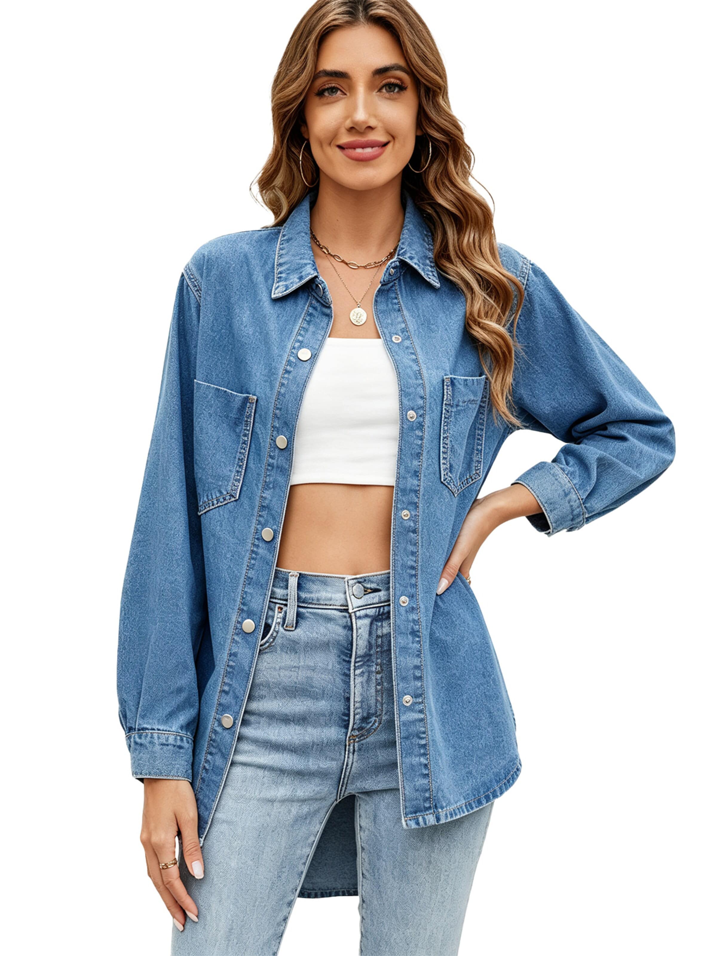 KoJooin Bluzka 'Damen Oversize Jeanshemd mit Knopfleiste – Langarm, Used-Look Denimjacke für Herbst-Outfits 2026' w kolorze niebieski: przód