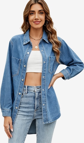 KoJooin Bluzka 'Damen Oversize Jeanshemd mit Knopfleiste – Langarm, Used-Look Denimjacke für Herbst-Outfits 2026' w kolorze niebieski: przód