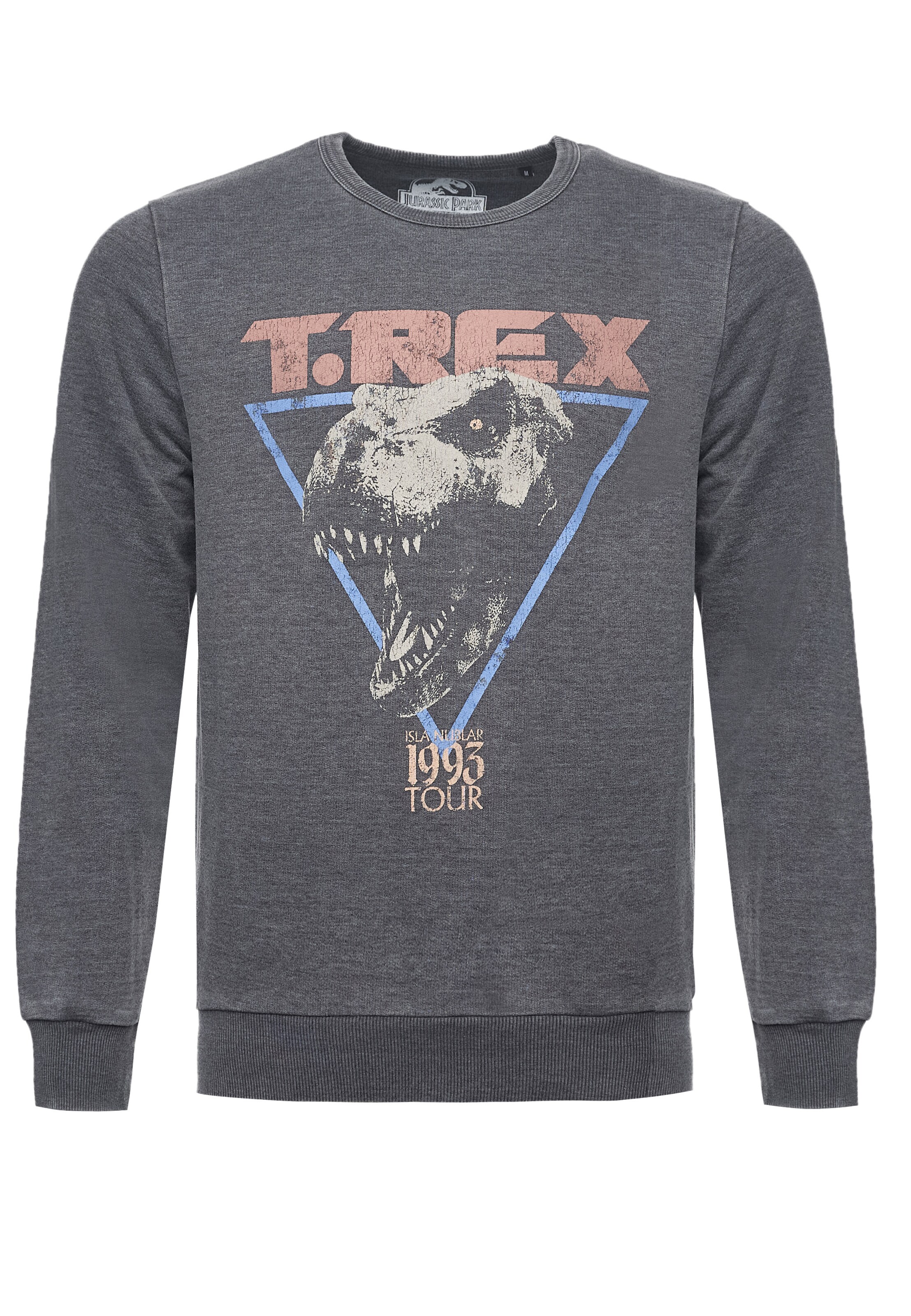 Recovered Sweatshirt 'Jurassic Park T-Rex 1993' in Grau: Vorderseite
