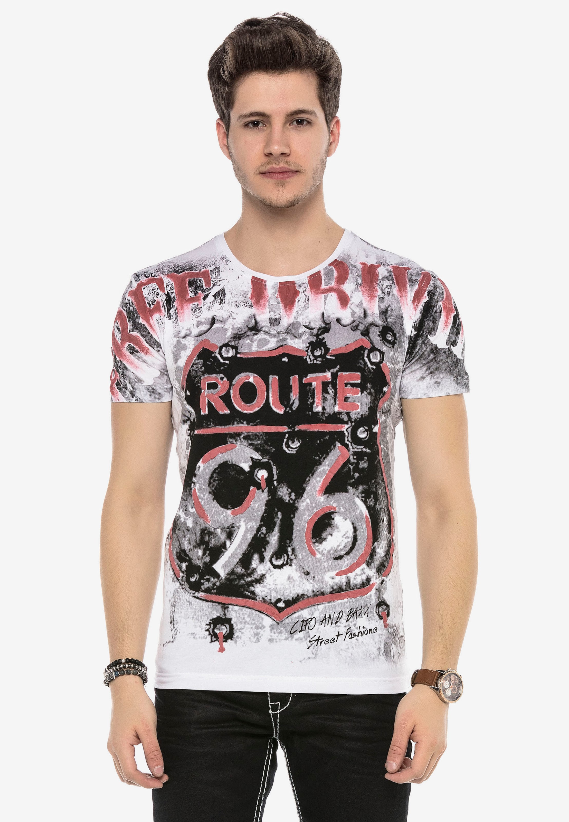 Männer Shirts CIPO & BAXX T-Shirt FREE DRIVE mit grafischem Print in Weiß - ZY51024