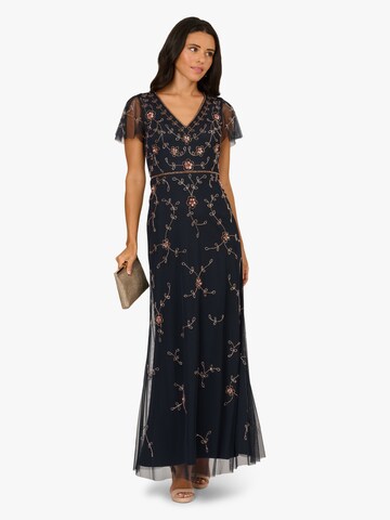 Adrianna Papell Avondjurk 'Short Sleeve Floral Beaded Mermaid Gown' in Blauw
