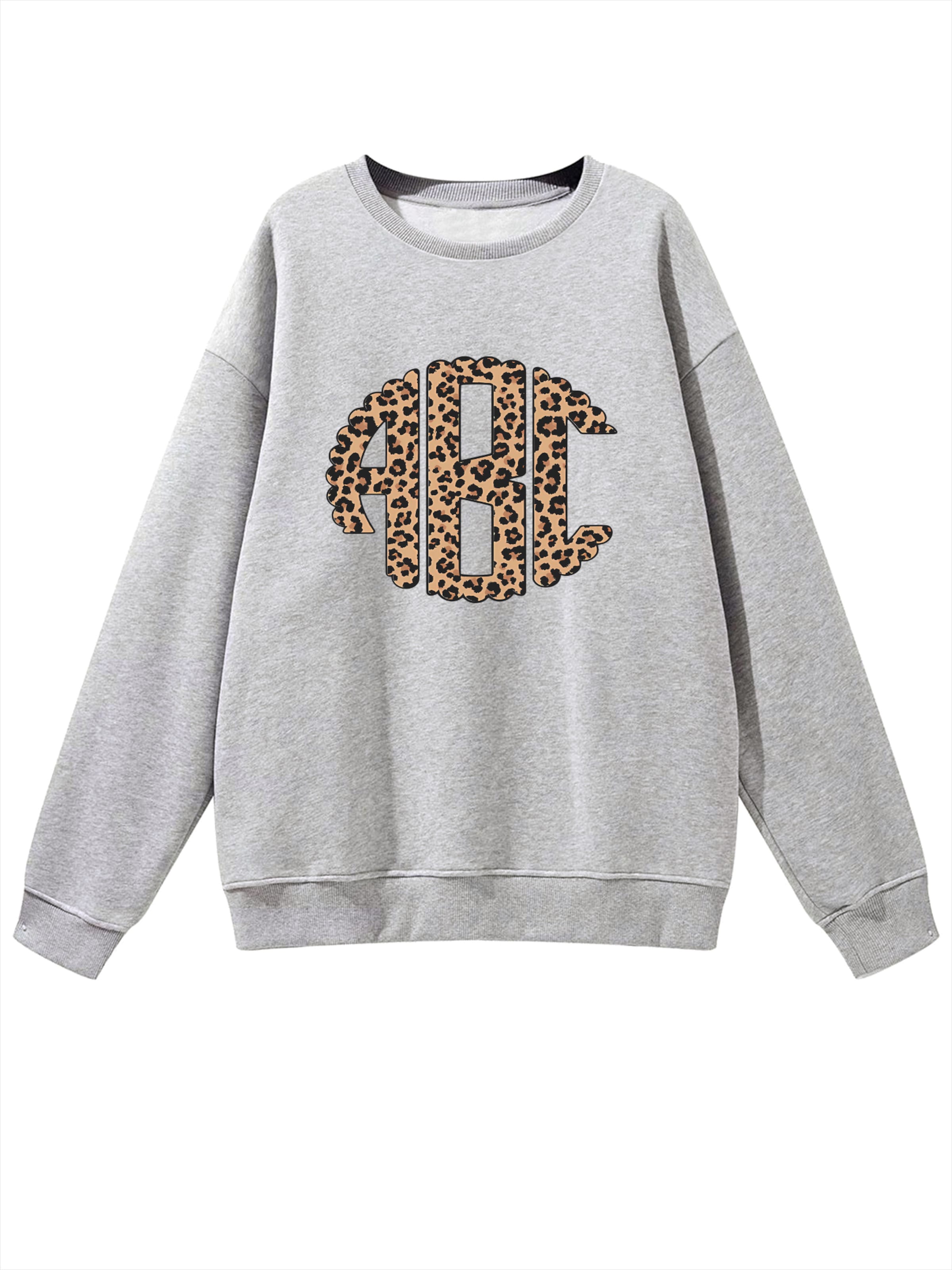 Pull-over 'Women's Pullover with Letter Leopard Print, Loose Fleece Pullover for Winter' GORHEY en gris : devant