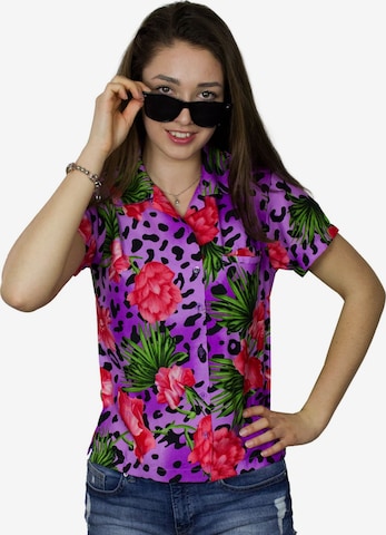 King Kameha Blouse 'Leopard Flowers' in Purple: front