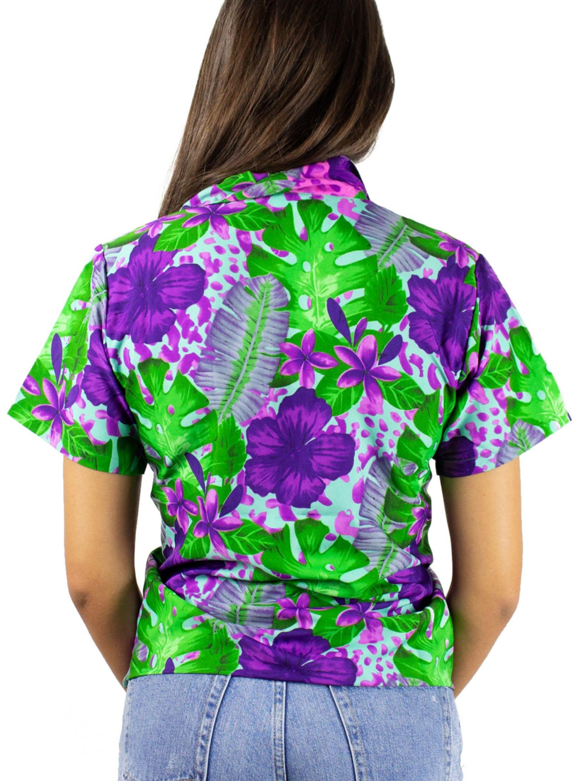 King Kameha Bluse 'Green Purple Flower'‌‌‌‌‌‌‌‌‌ in Blau