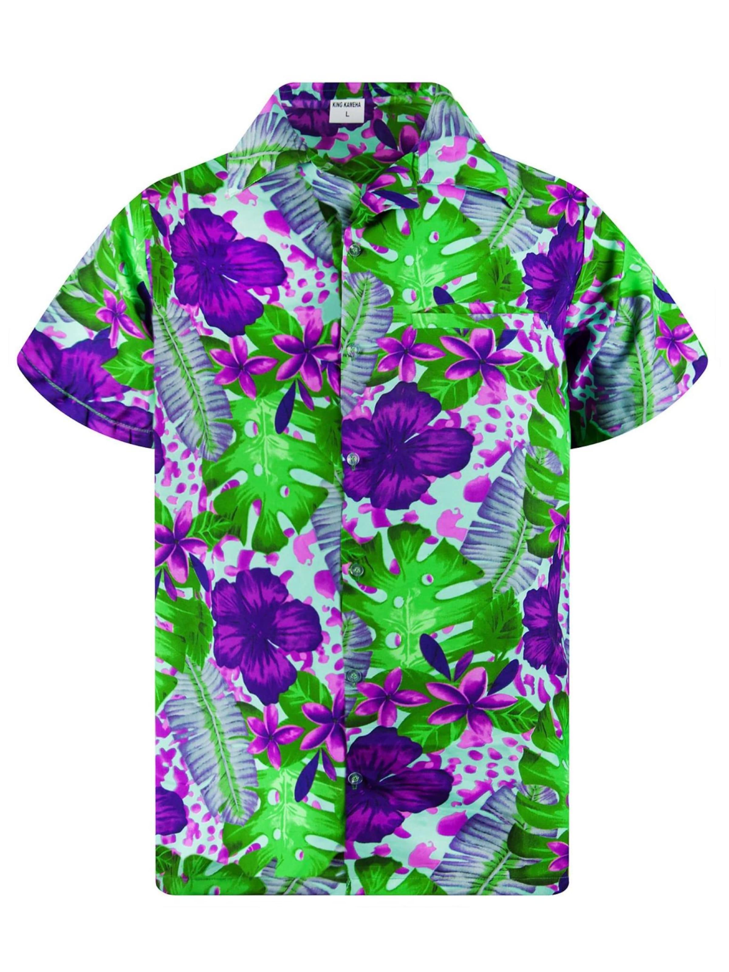 King Kameha Shirt 'Green Purple Flower'‌‌‌‌‌‌‌‌‌ in Blau: Vorderseite