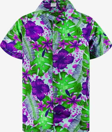 King Kameha Shirt 'Green Purple Flower' in Blau: Vorderseite