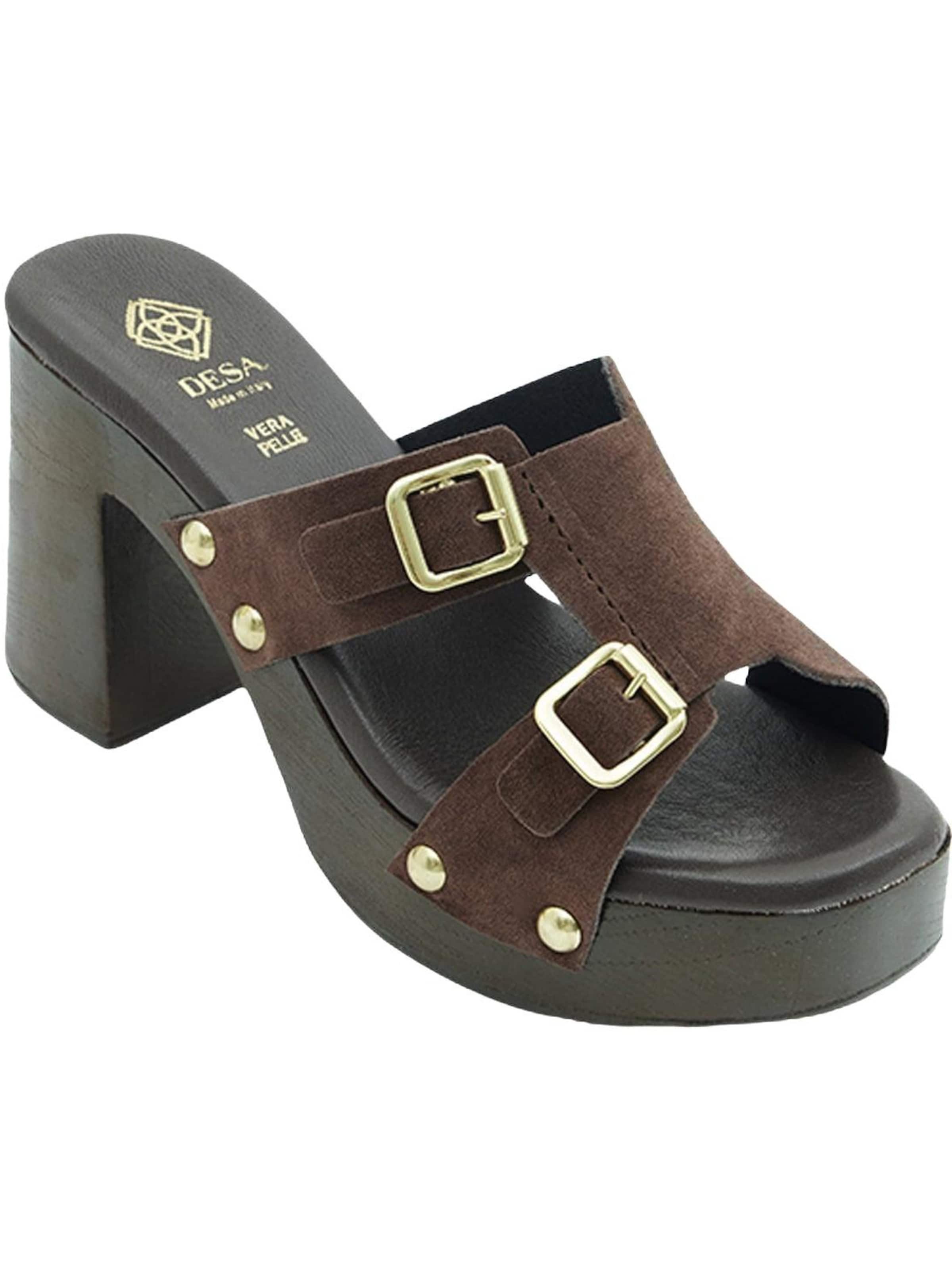 Desa - Zapatillas de casa 'DESA Damen-Plateausandalen aus Wildleder mit Doppelschnalle' en marrón