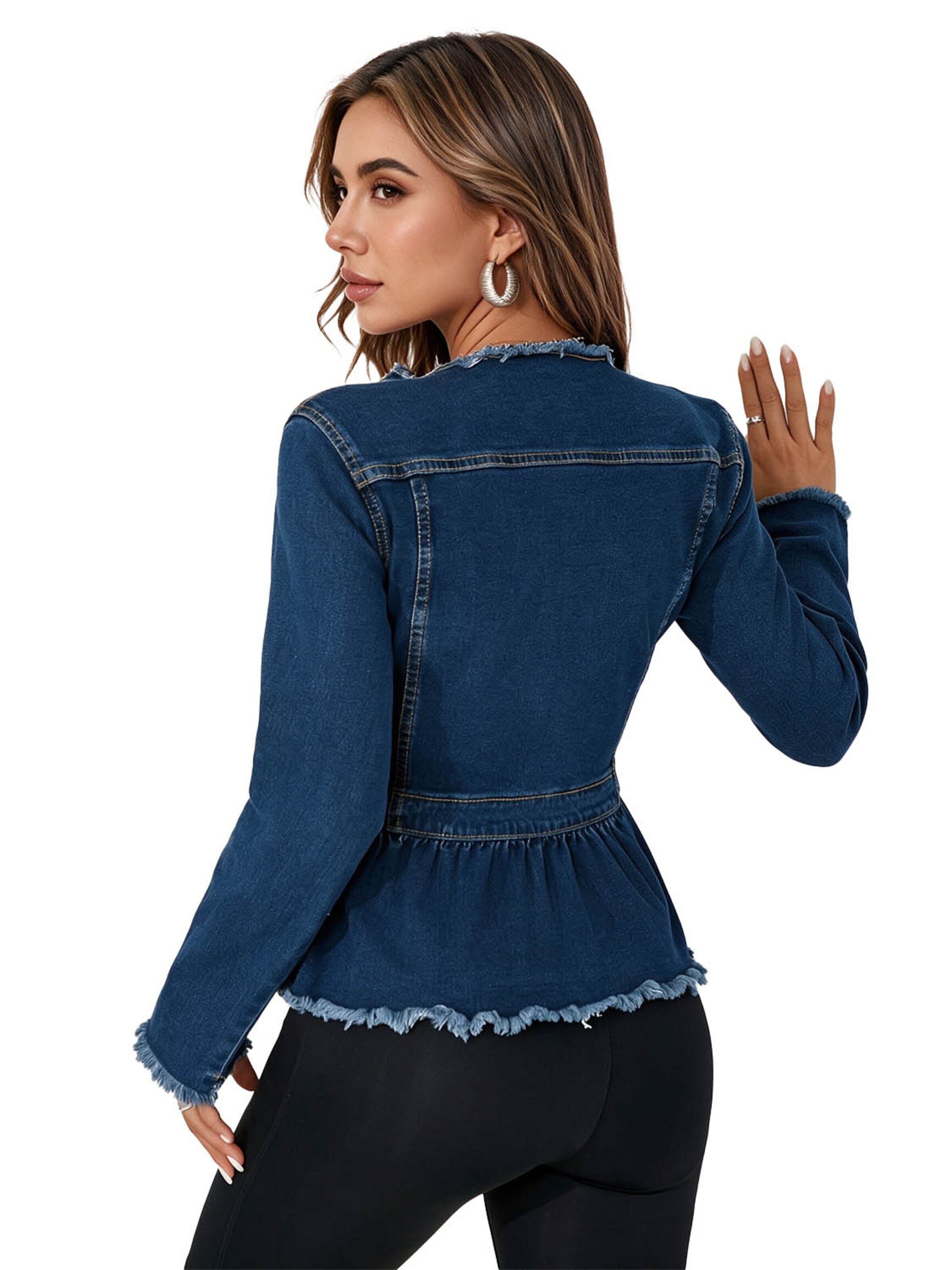 KoJooin Kurtka przejściowa 'Damen Jeansjacke mit Peplum-Saum Kragenloser Rundhalsausschnitt, Knopfleiste und Kurzschnitt' w kolorze niebieski
