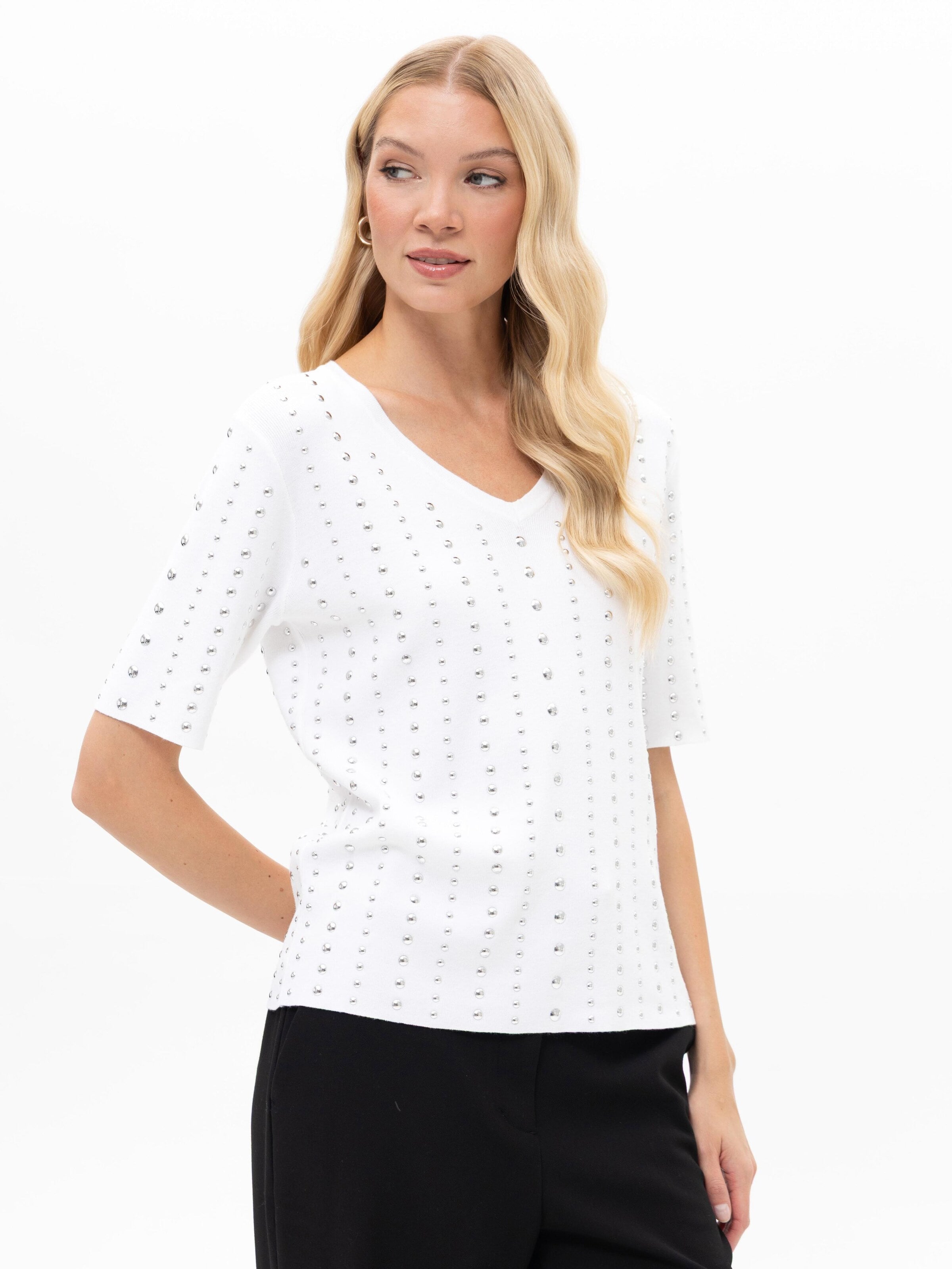 Passioni Shirt 'Kurzarm-Pullover mit Nieten' in White