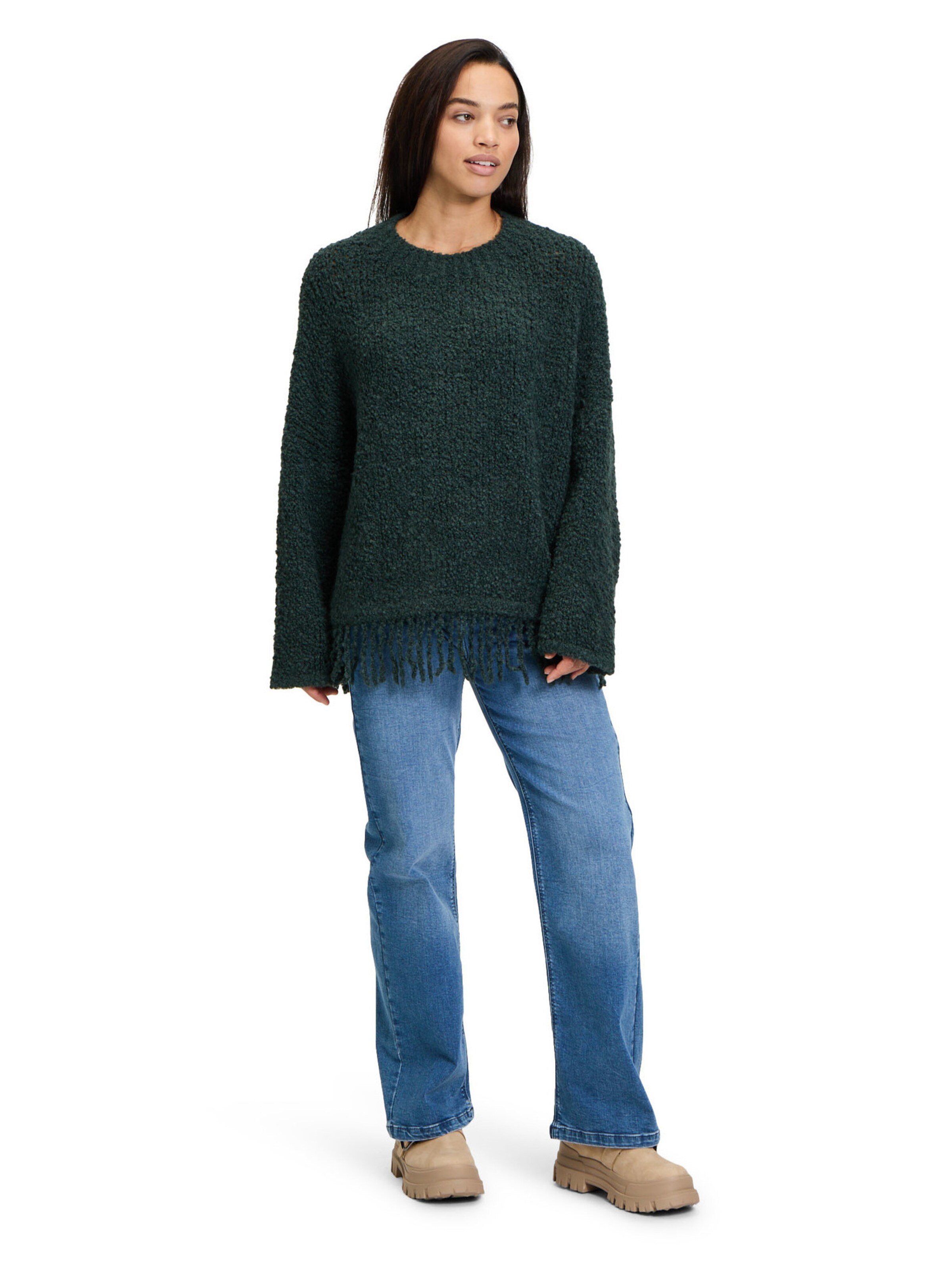 Cartoon Strickpullover mit Fransen in Grün